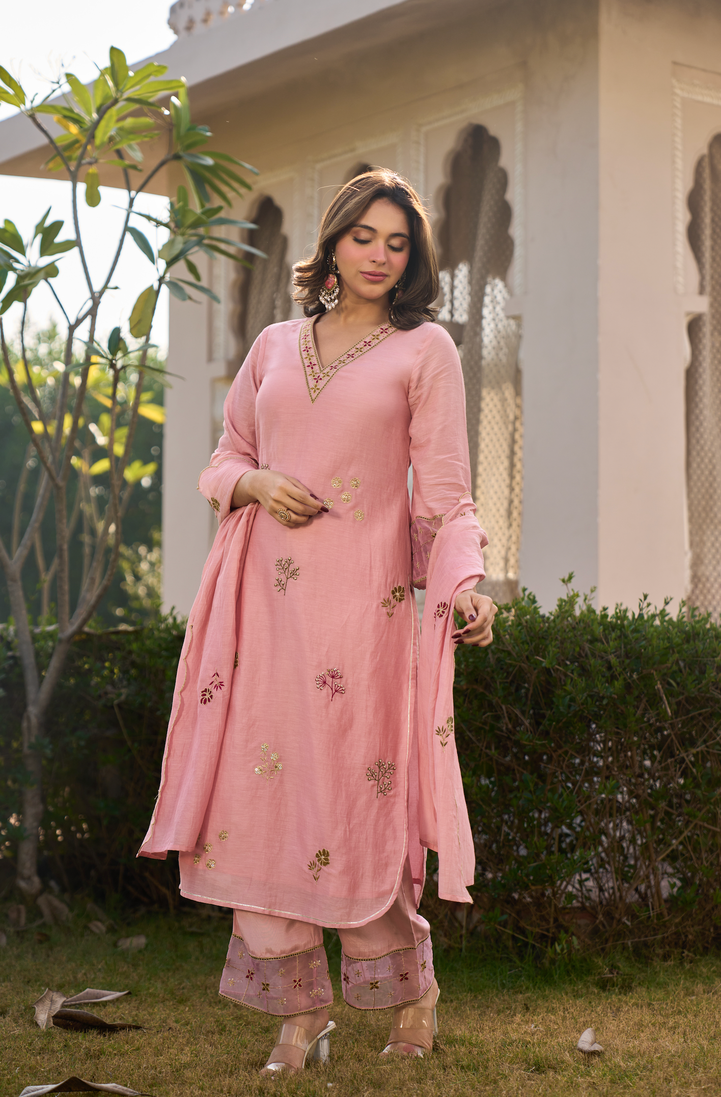 Blush Rose Chanderi Embroidered Suit Set