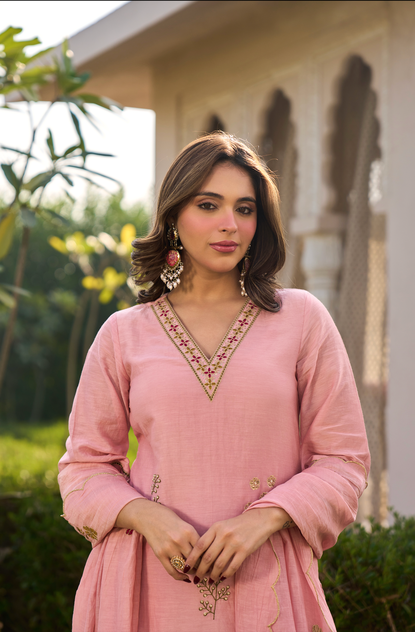 Blush Rose Chanderi Embroidered Suit Set