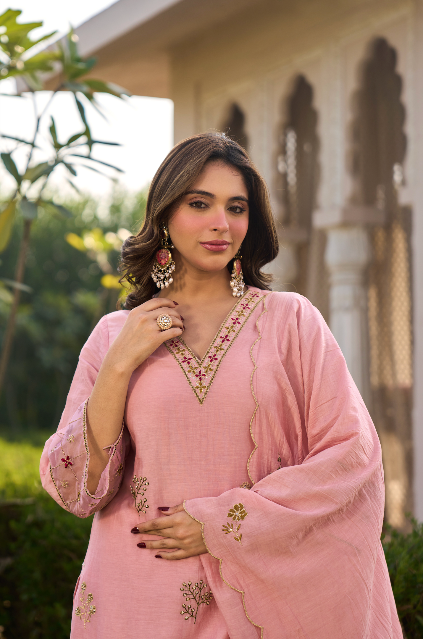 Blush Rose Chanderi Embroidered Suit Set