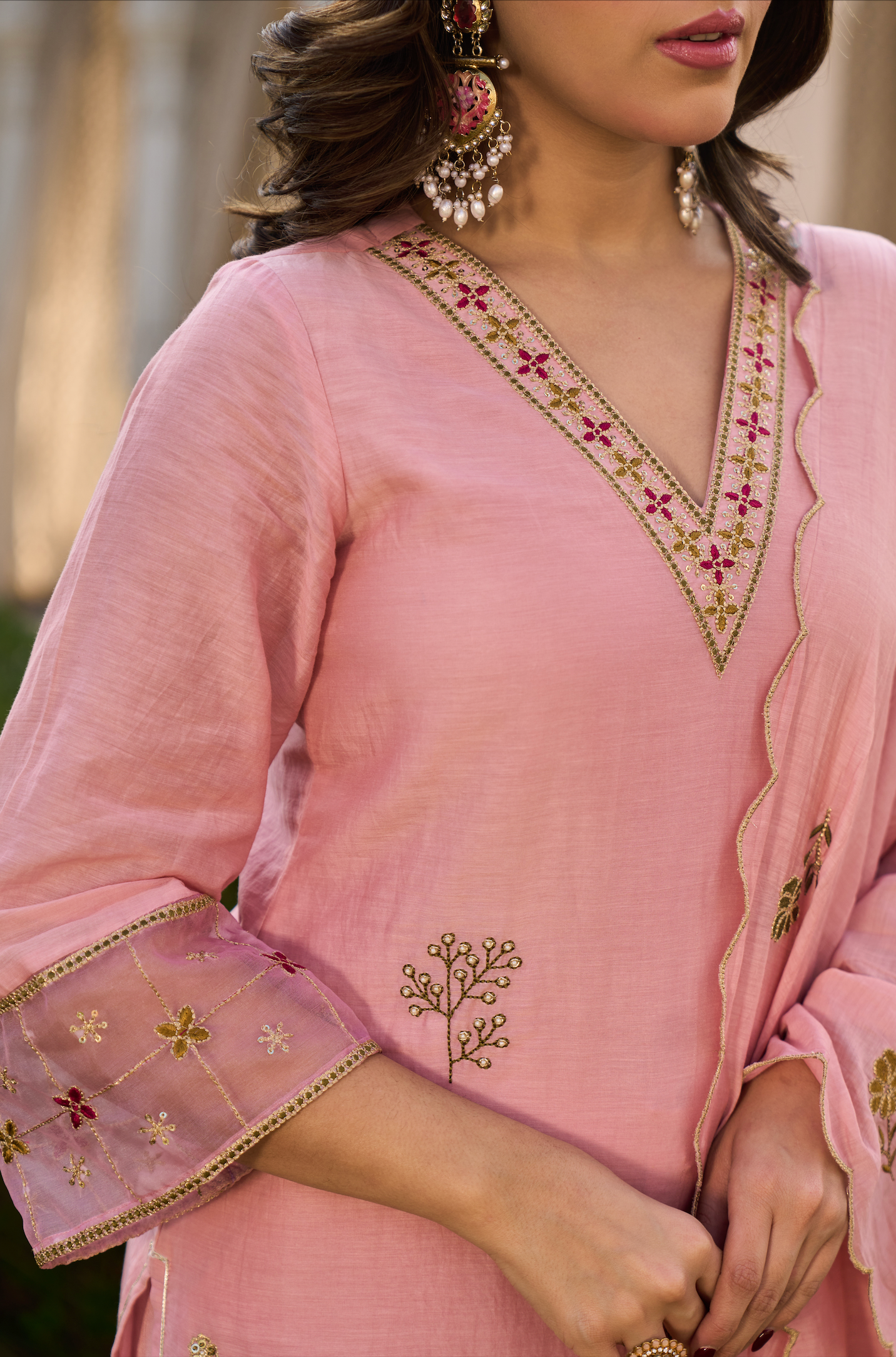 Blush Rose Chanderi Embroidered Suit Set