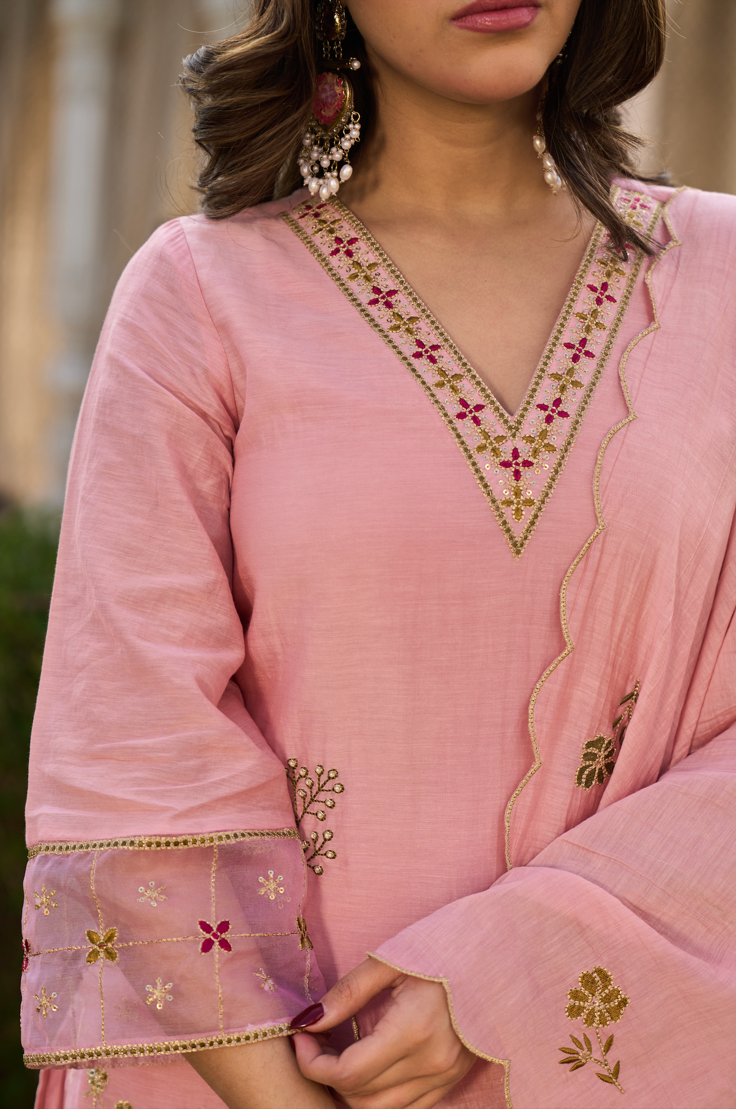 Blush Rose Chanderi Embroidered Suit Set