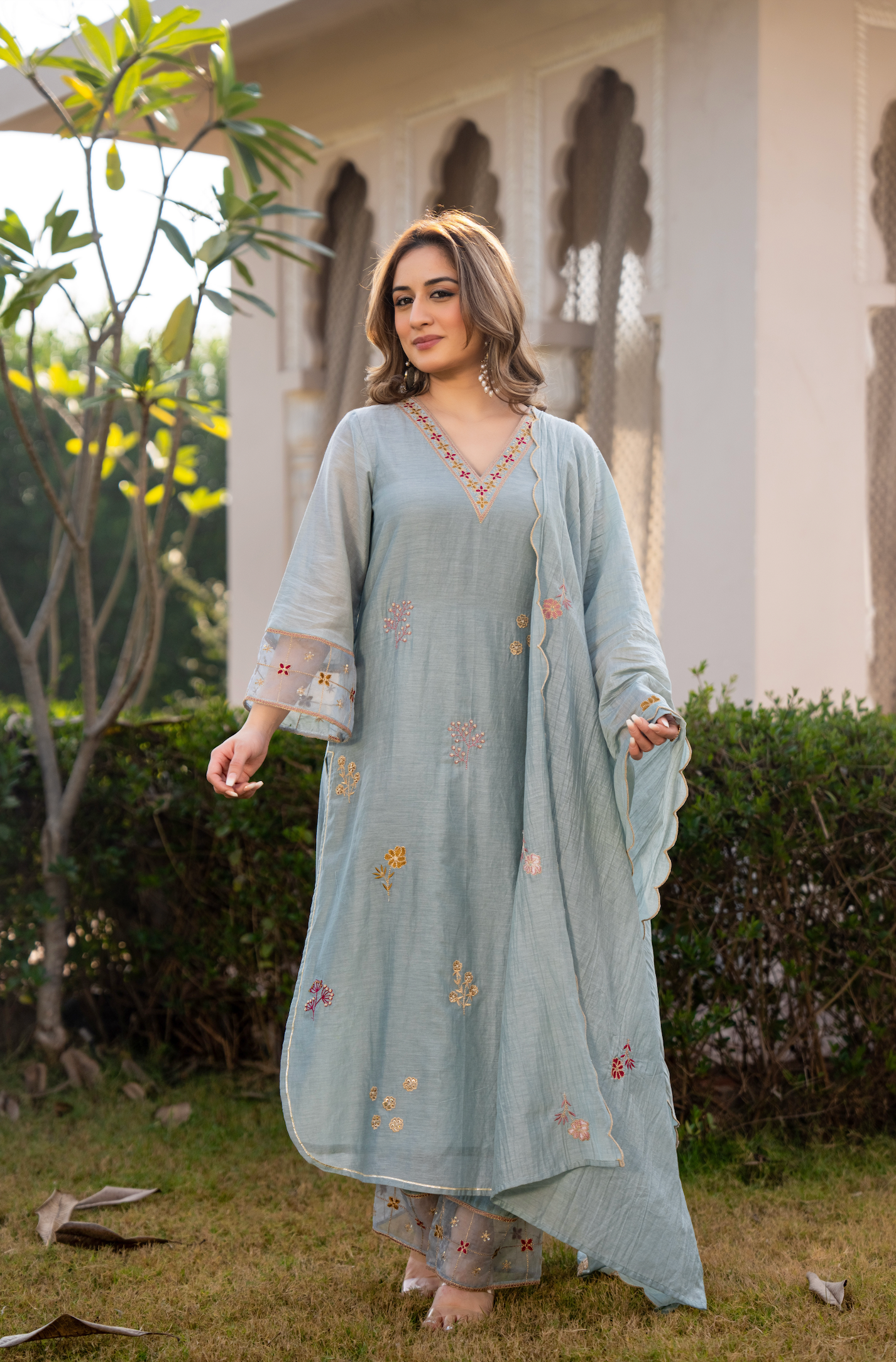Sky Mist Chanderi Ensemble Suit Set