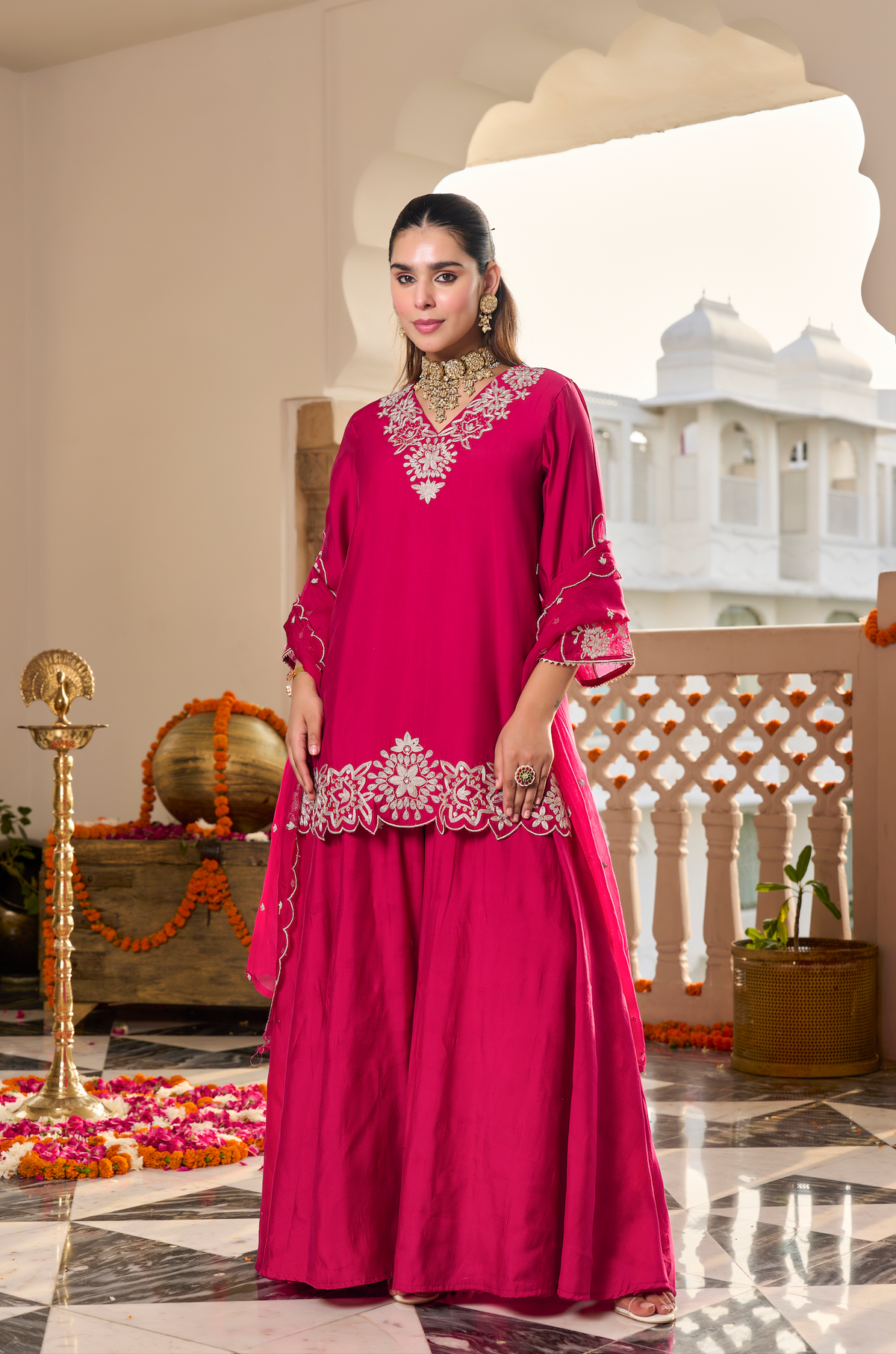 Fuchsia Pink Embroidered Suit Set