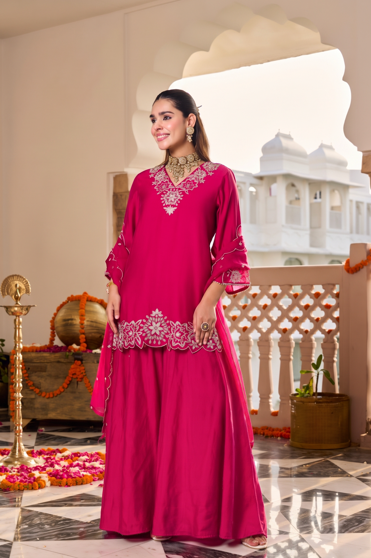 Fuchsia Pink Embroidered Suit Set