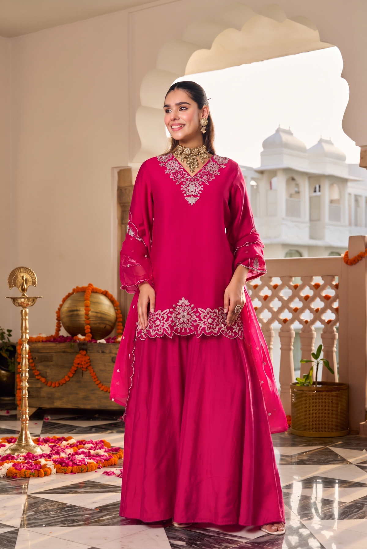 Fuchsia Pink Embroidered Suit Set