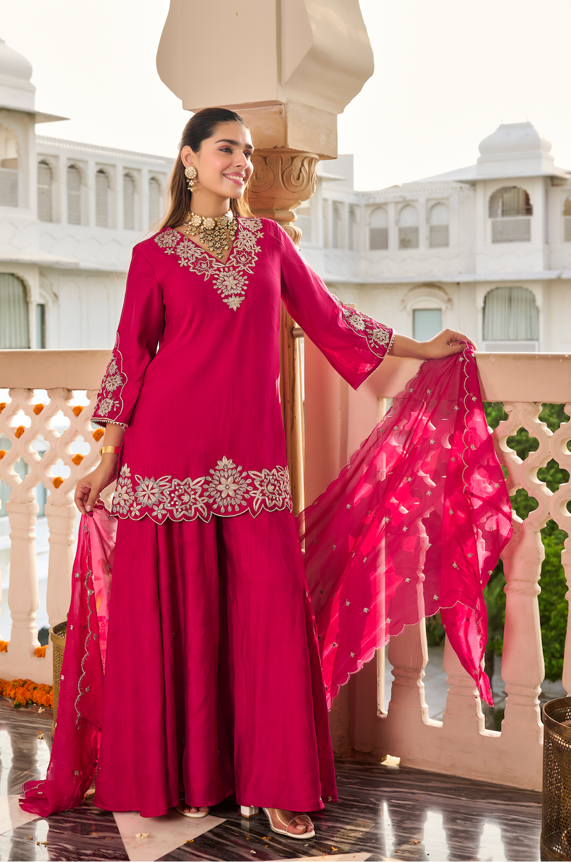 Fuchsia Pink Embroidered Suit Set