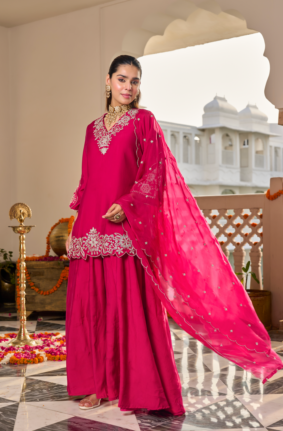 Fuchsia Pink Embroidered Suit Set