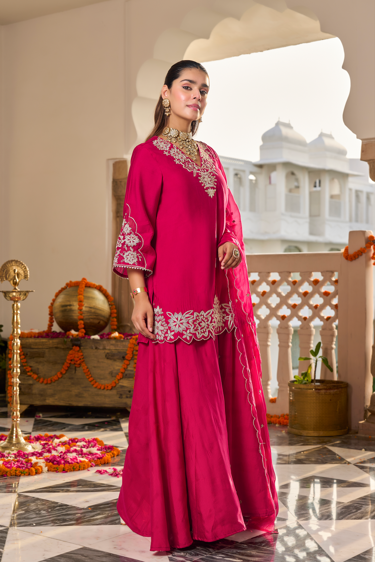 Fuchsia Pink Embroidered Suit Set
