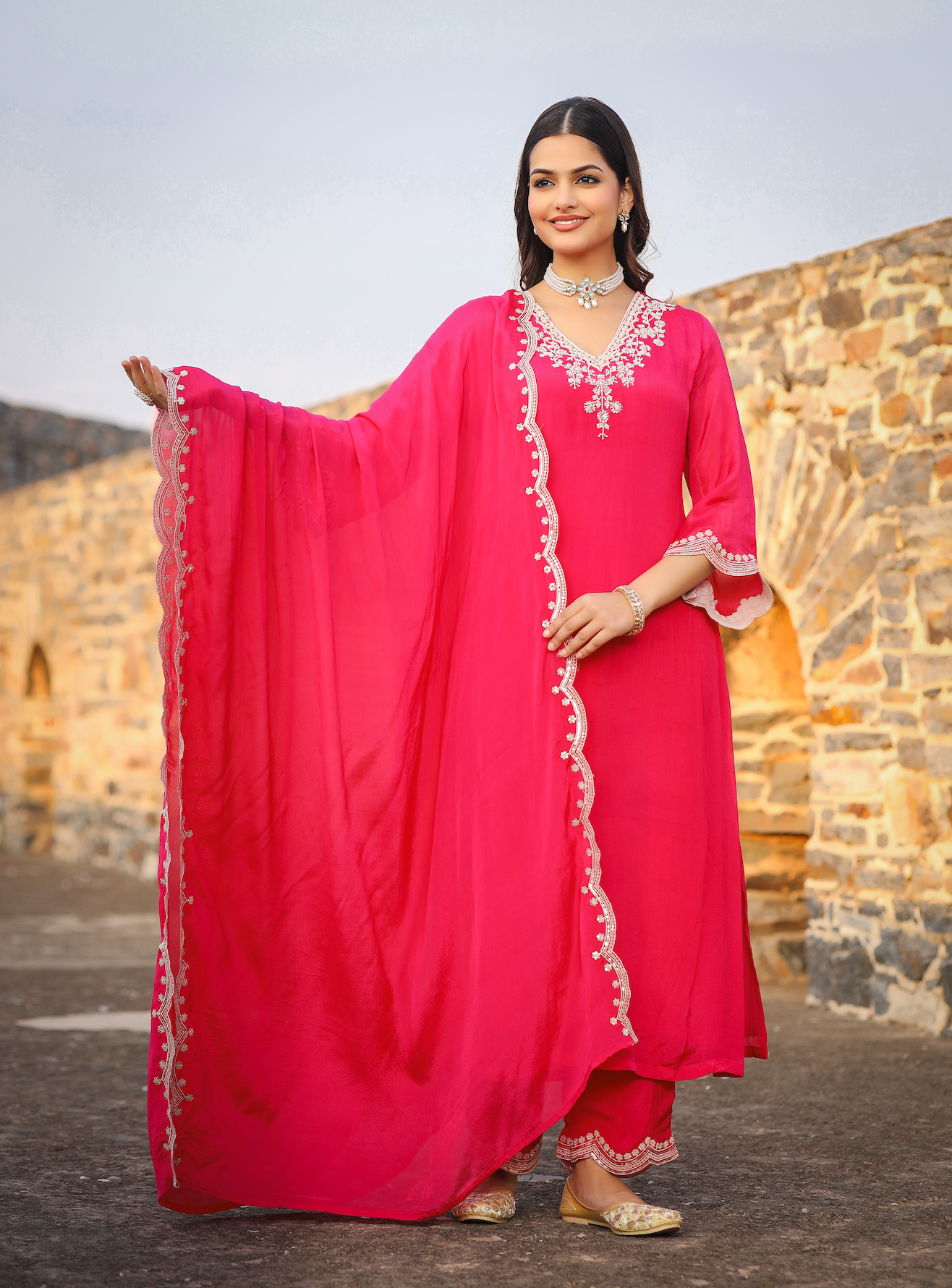 Pink Chinnon Kurta Set