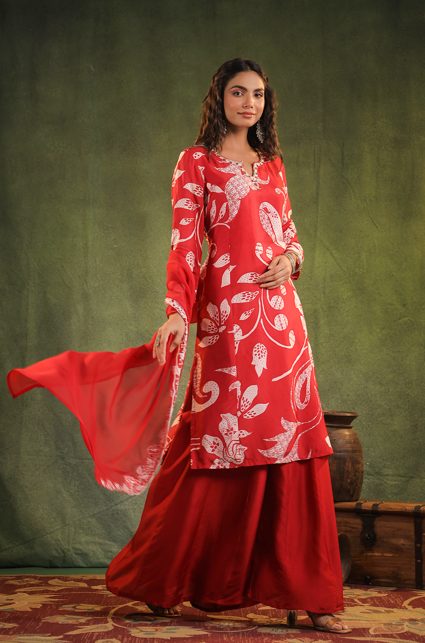 Scarlet Red Chinnon kurti Set