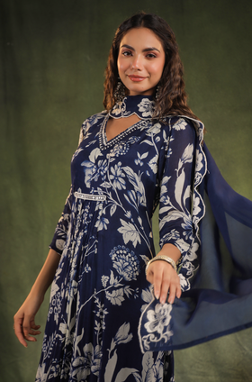 Indigo Blue Chinnon Kurti Set