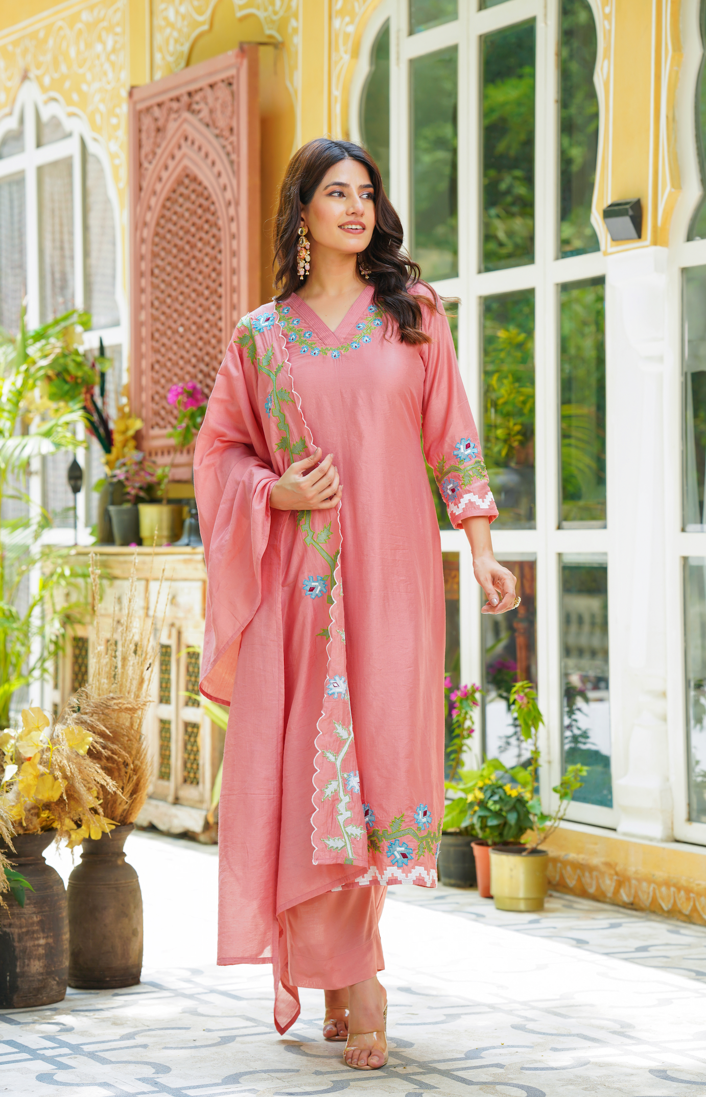 Pastel Peach Chanderi Kurti Set