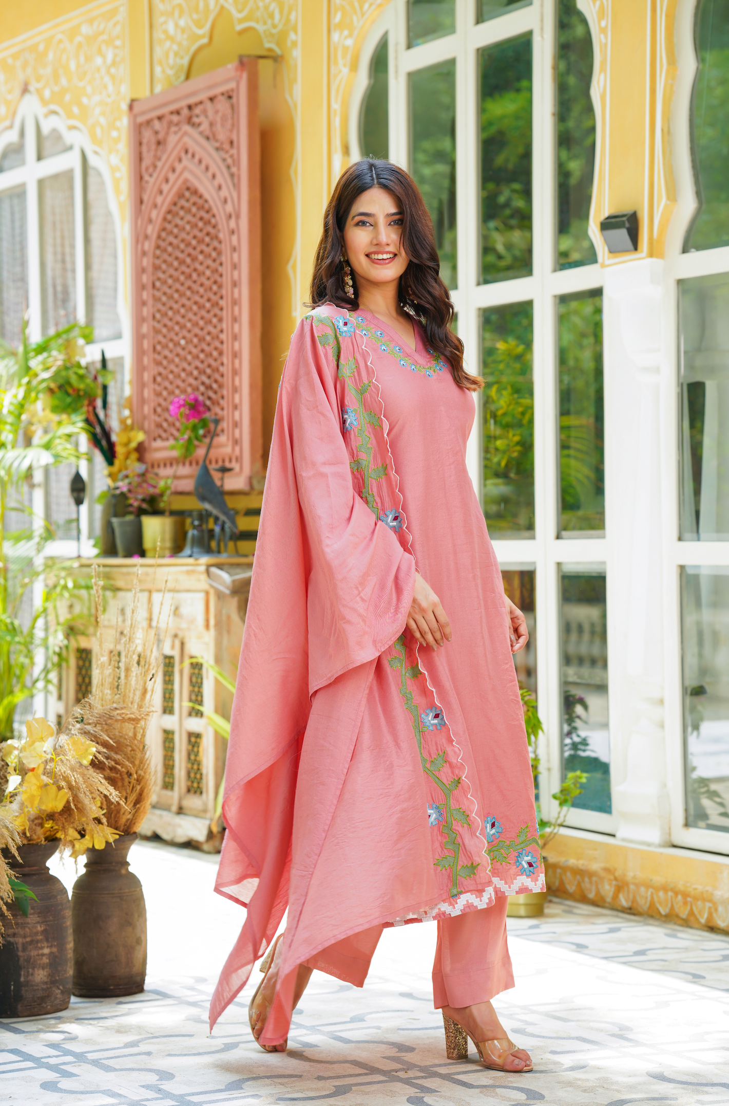 Pastel Peach Chanderi Kurti Set