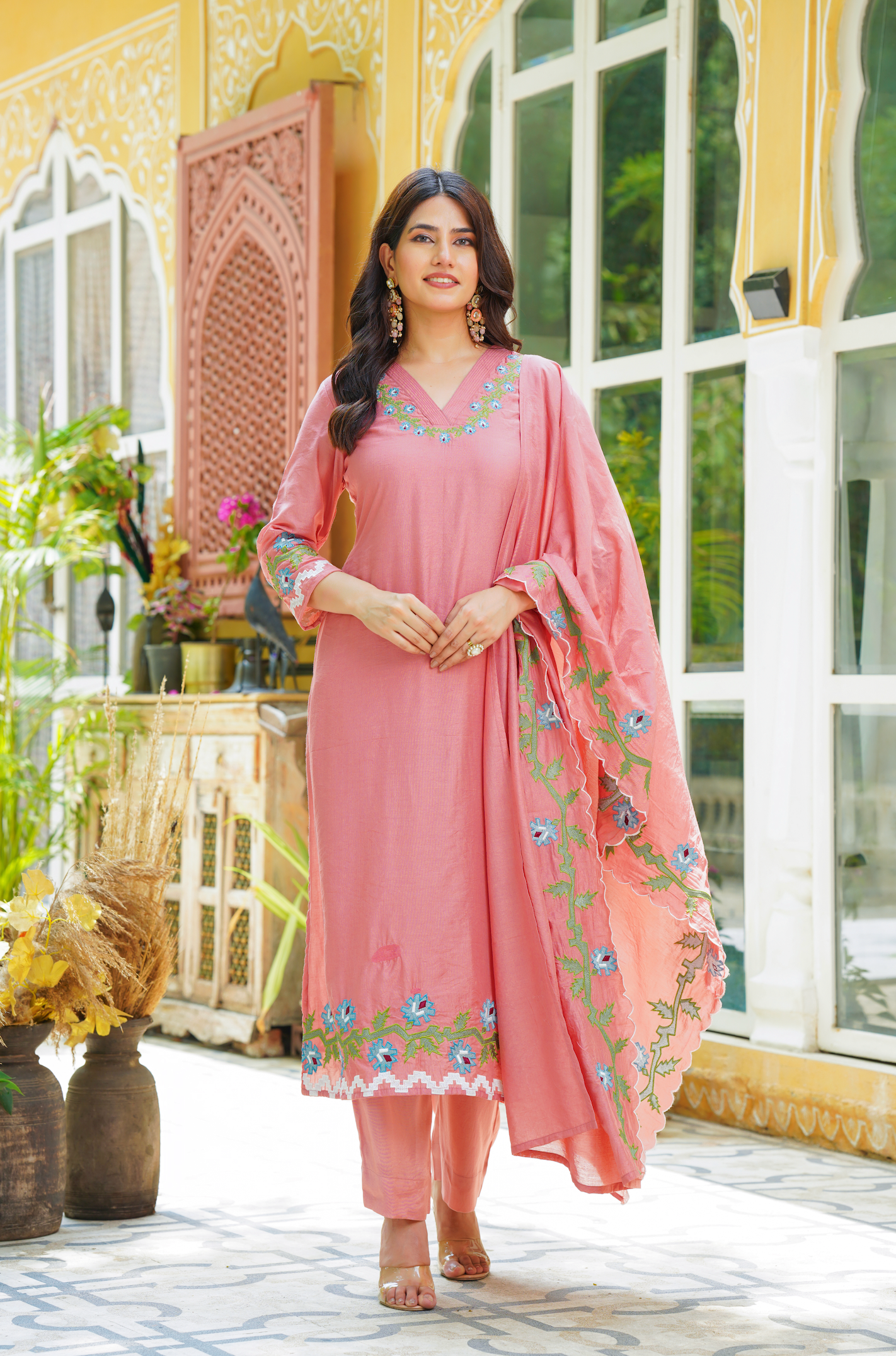 Pastel Peach Chanderi Kurti Set