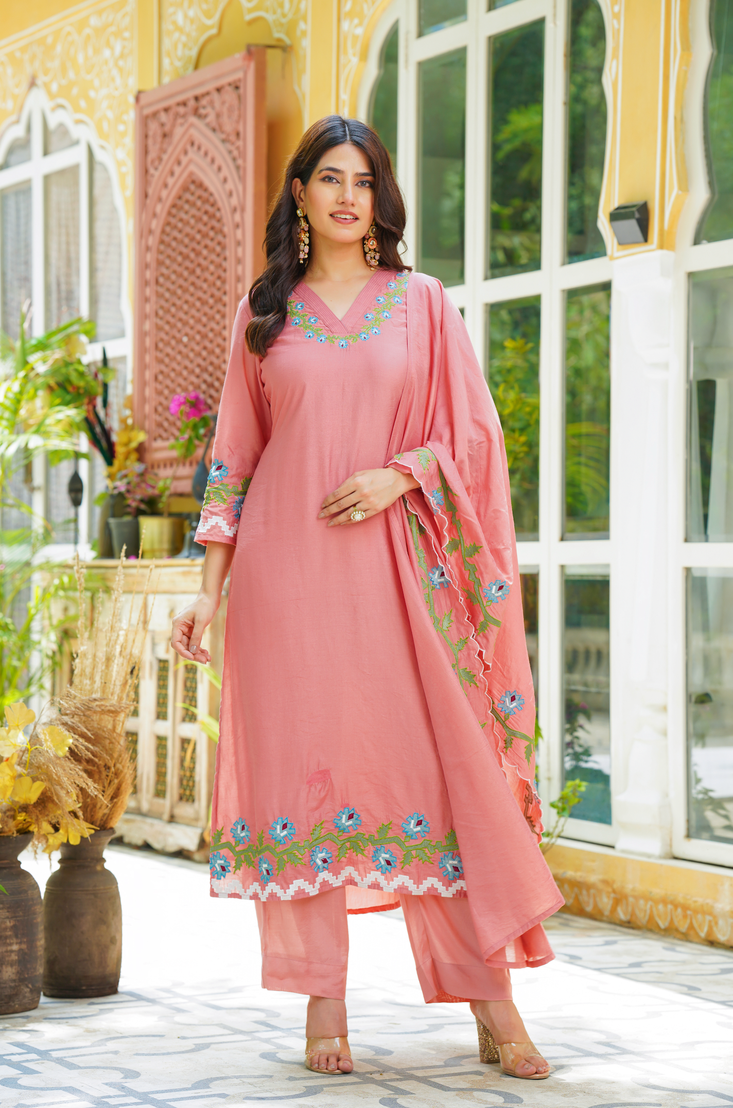 Pastel Peach Chanderi Kurti Set