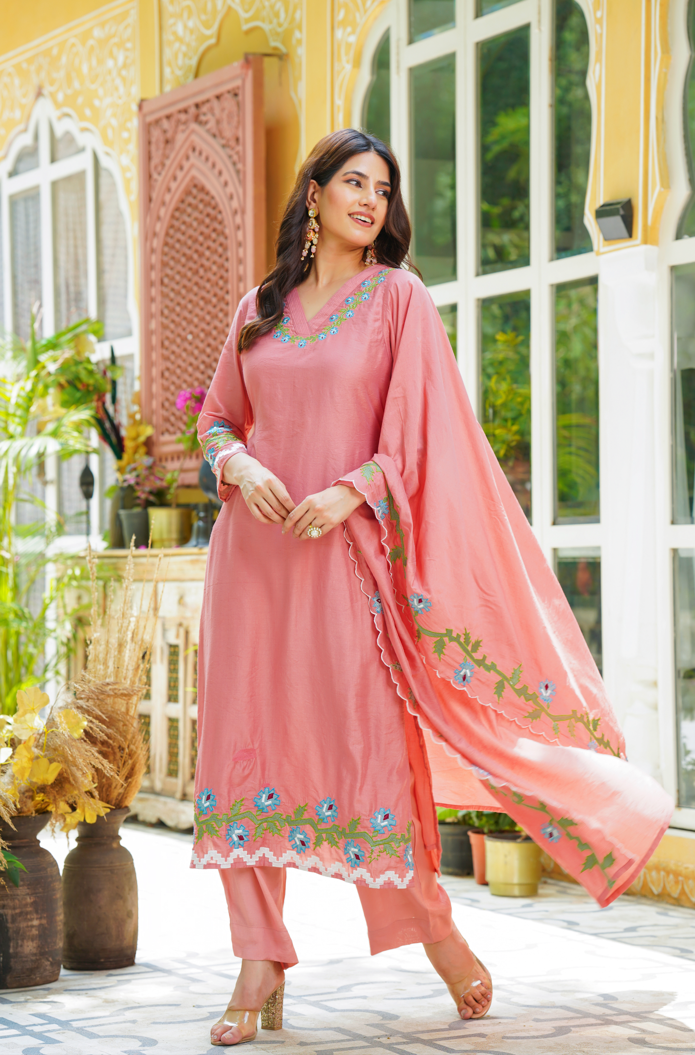 Pastel Peach Chanderi Kurti Set