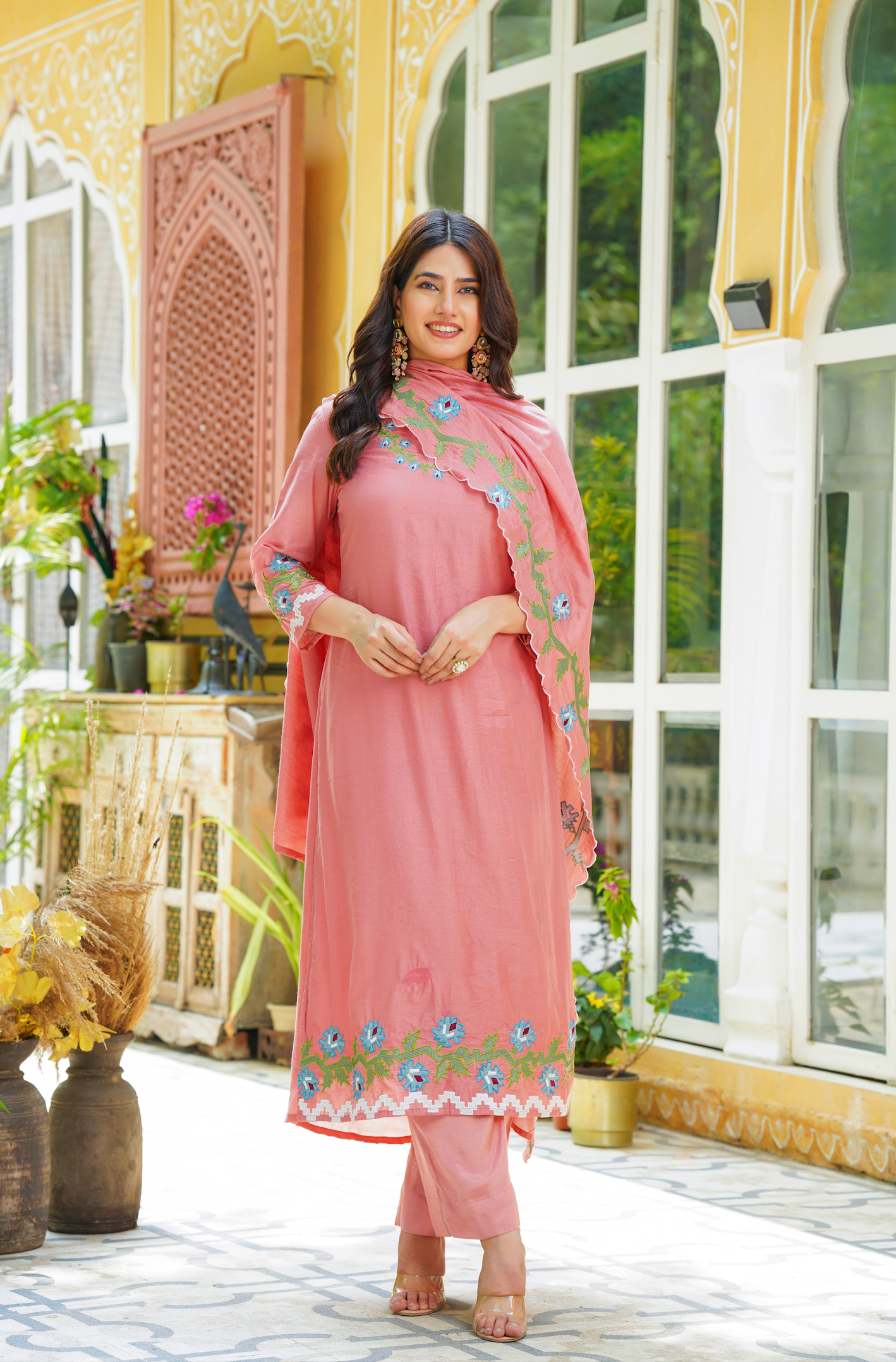 Pastel Peach Chanderi Kurti Set