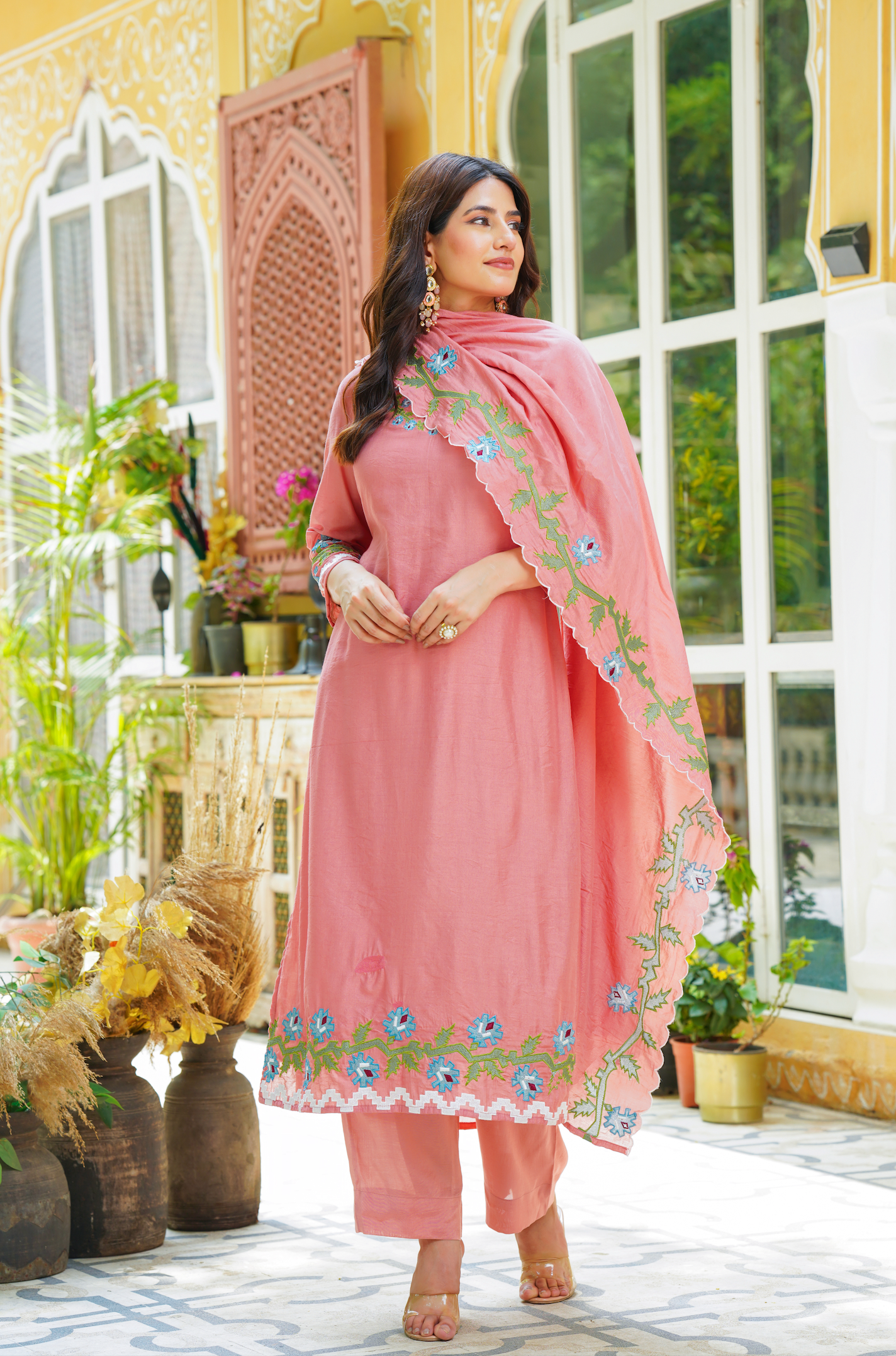 Pastel Peach Chanderi Kurti Set