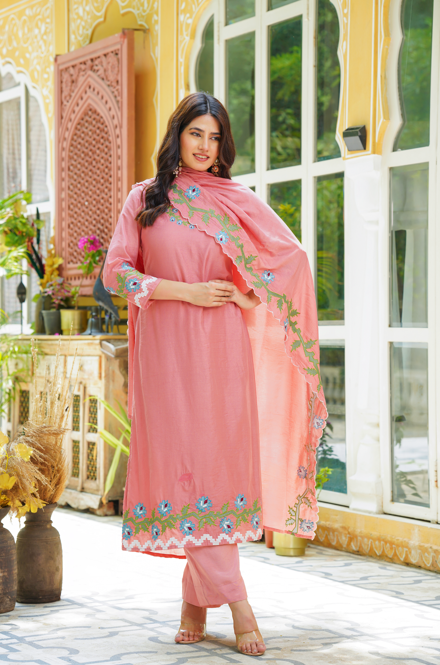 Pastel Peach Chanderi Kurti Set