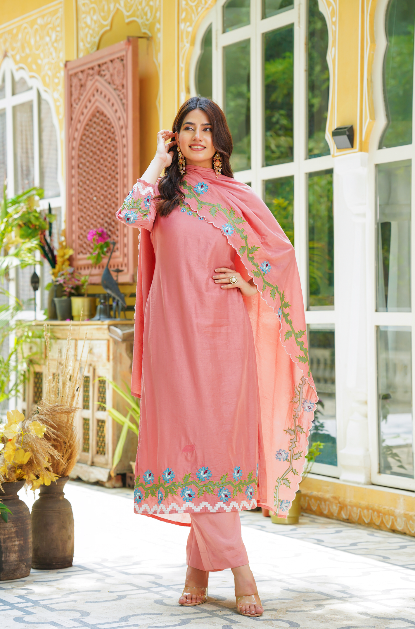 Pastel Peach Chanderi Kurti Set