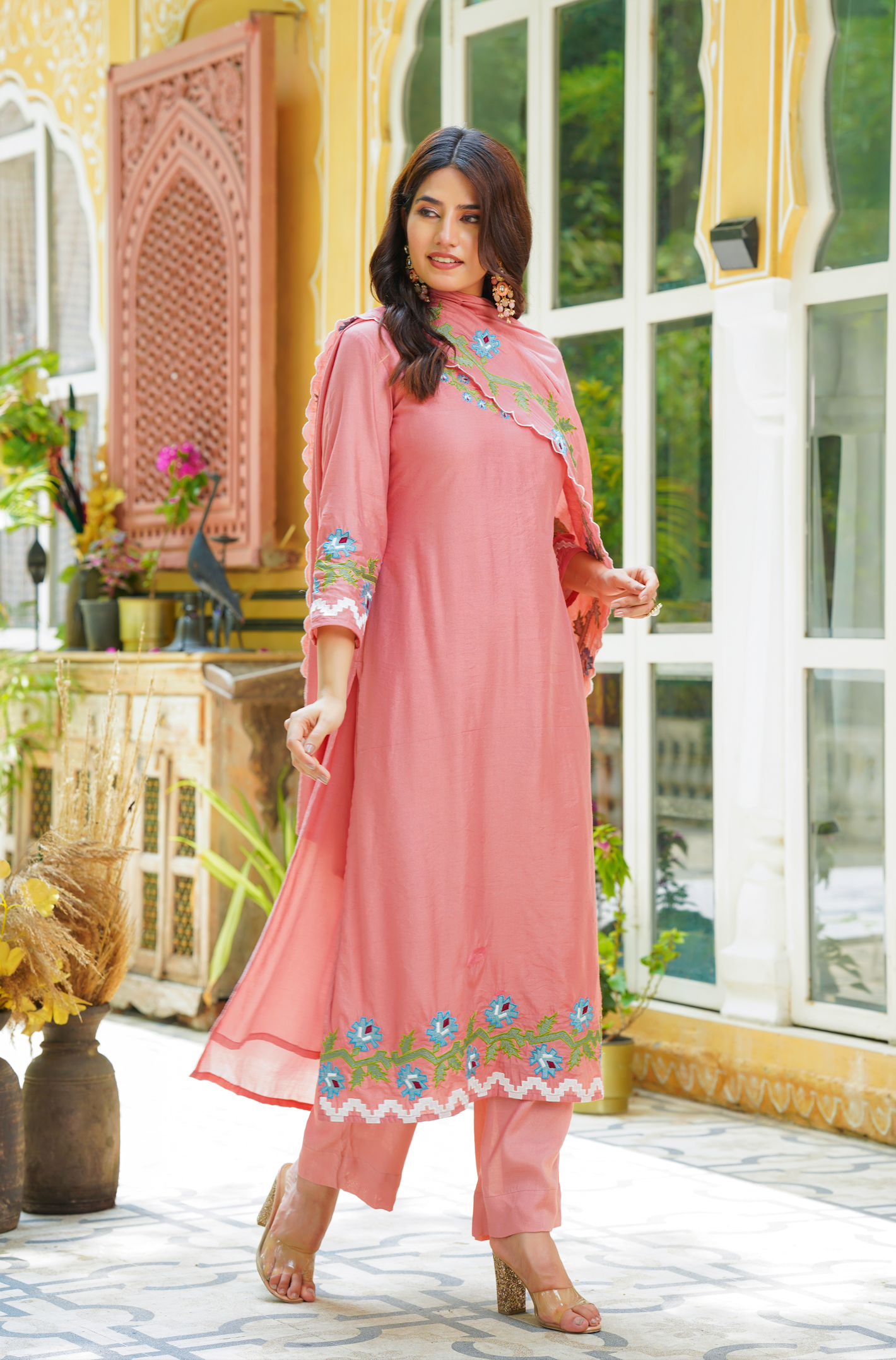 Pastel Peach Chanderi Kurti Set