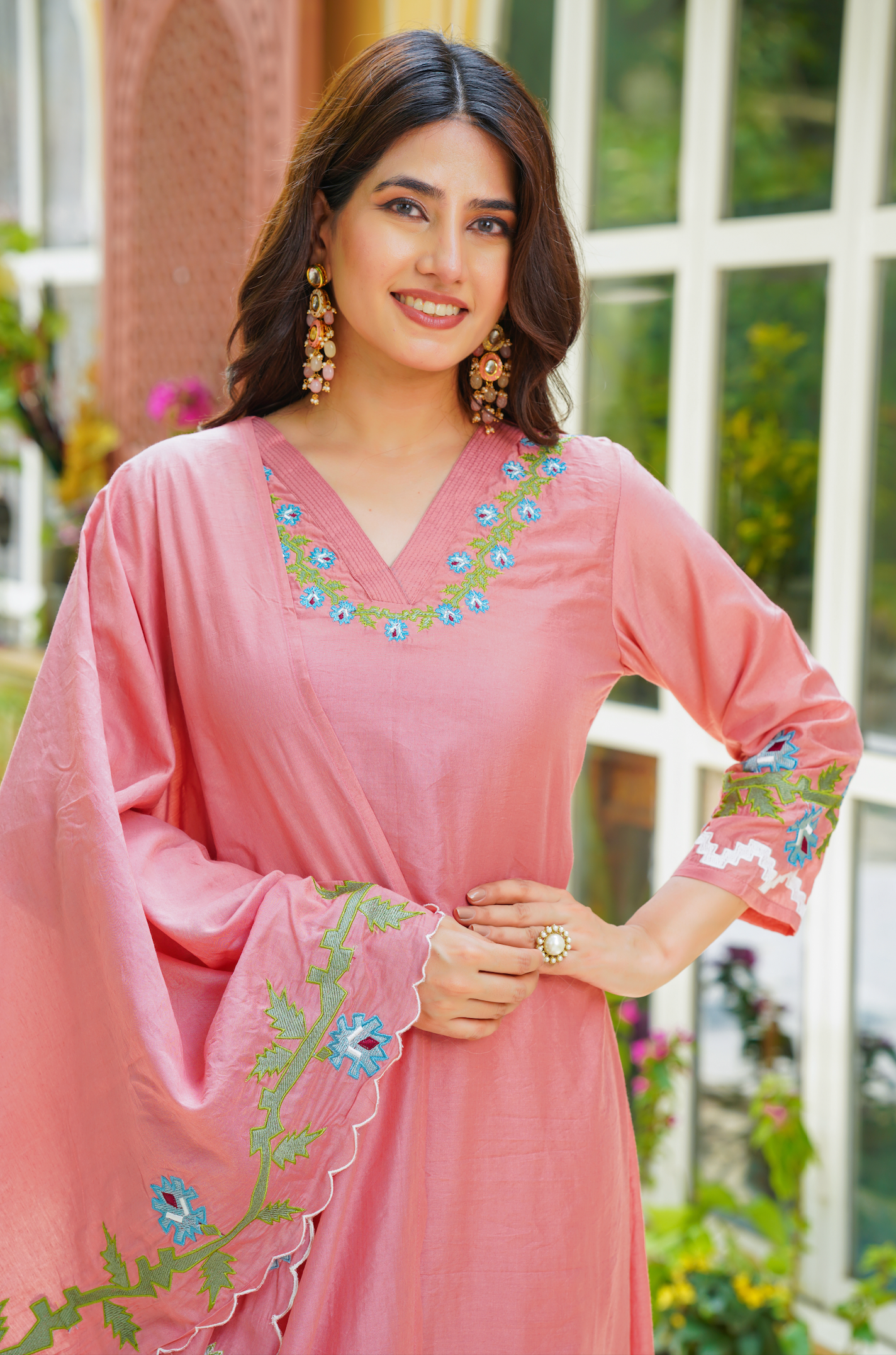 Pastel Peach Chanderi Kurti Set