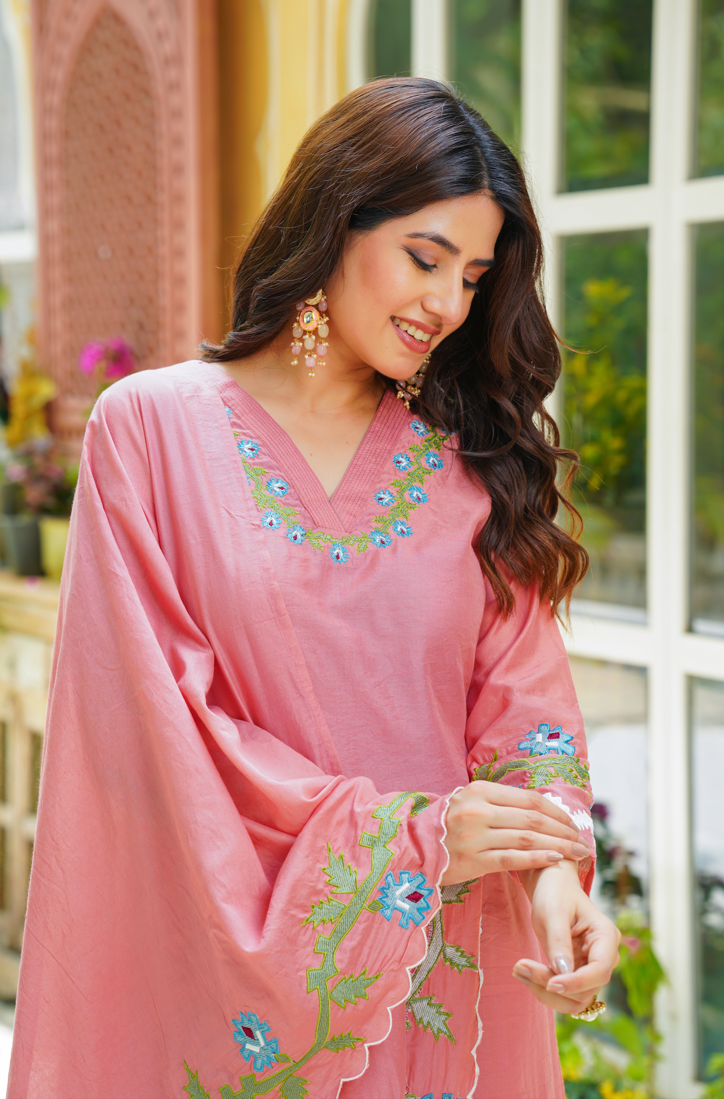 Pastel Peach Chanderi Kurti Set