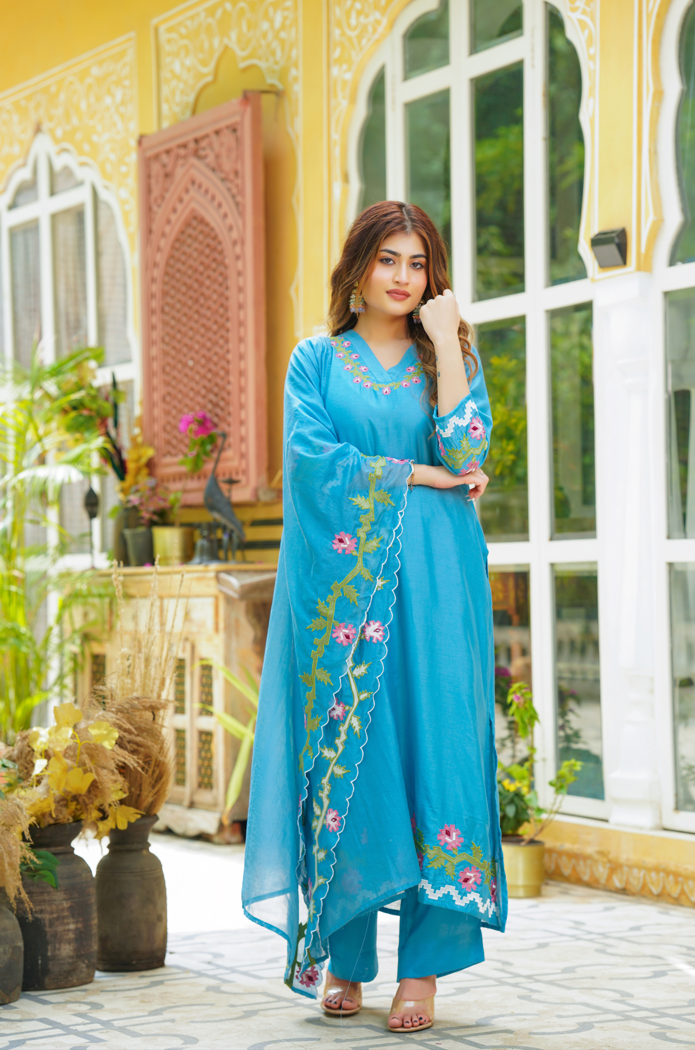 Blue Chanderi Kurti Set