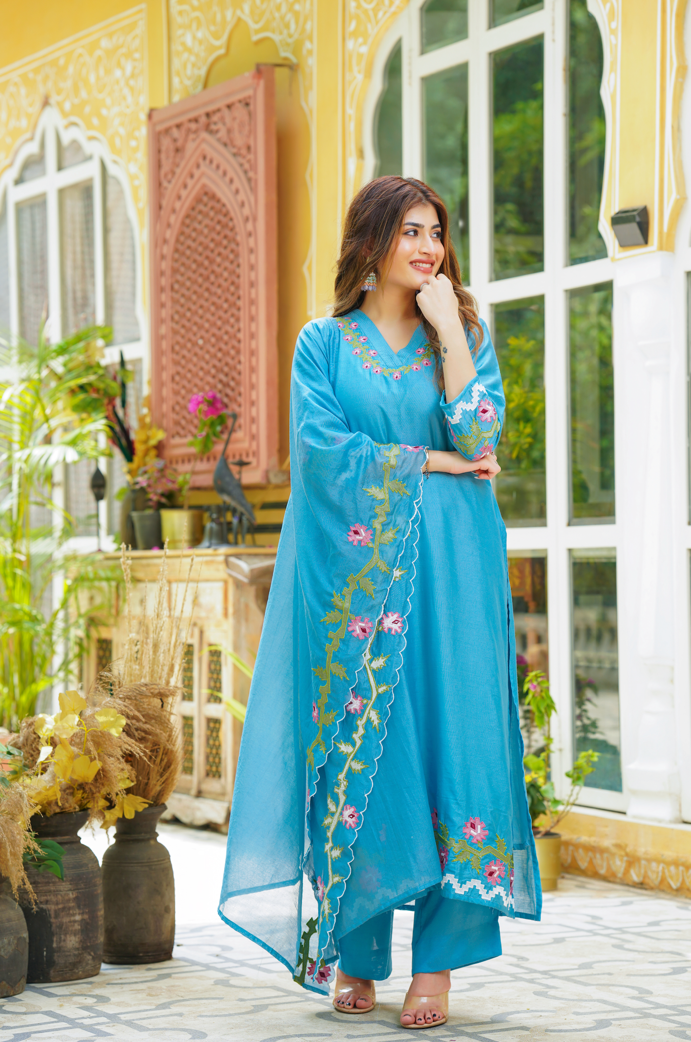 Blue Chanderi Kurti Set