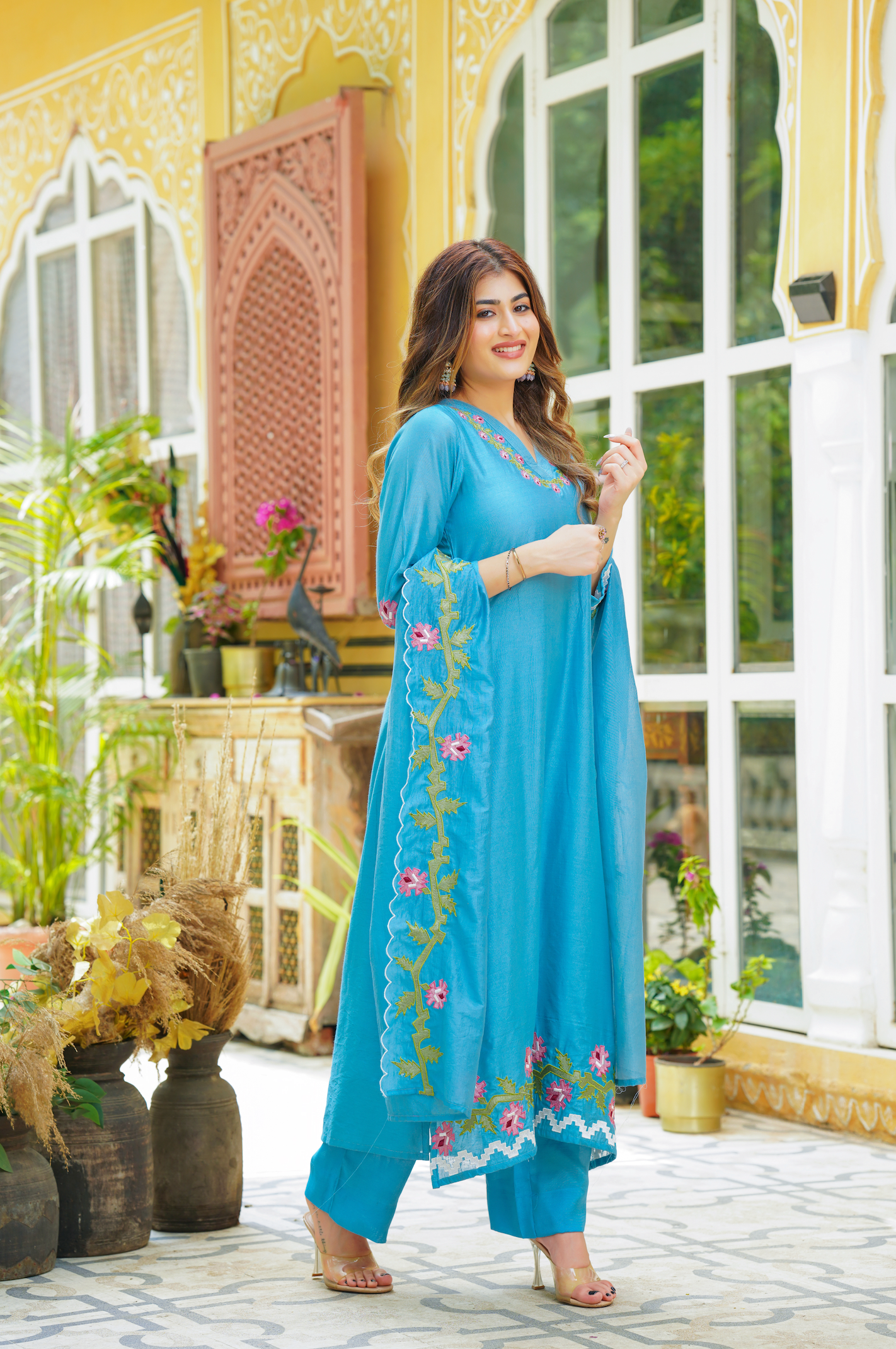 Blue Chanderi Kurti Set