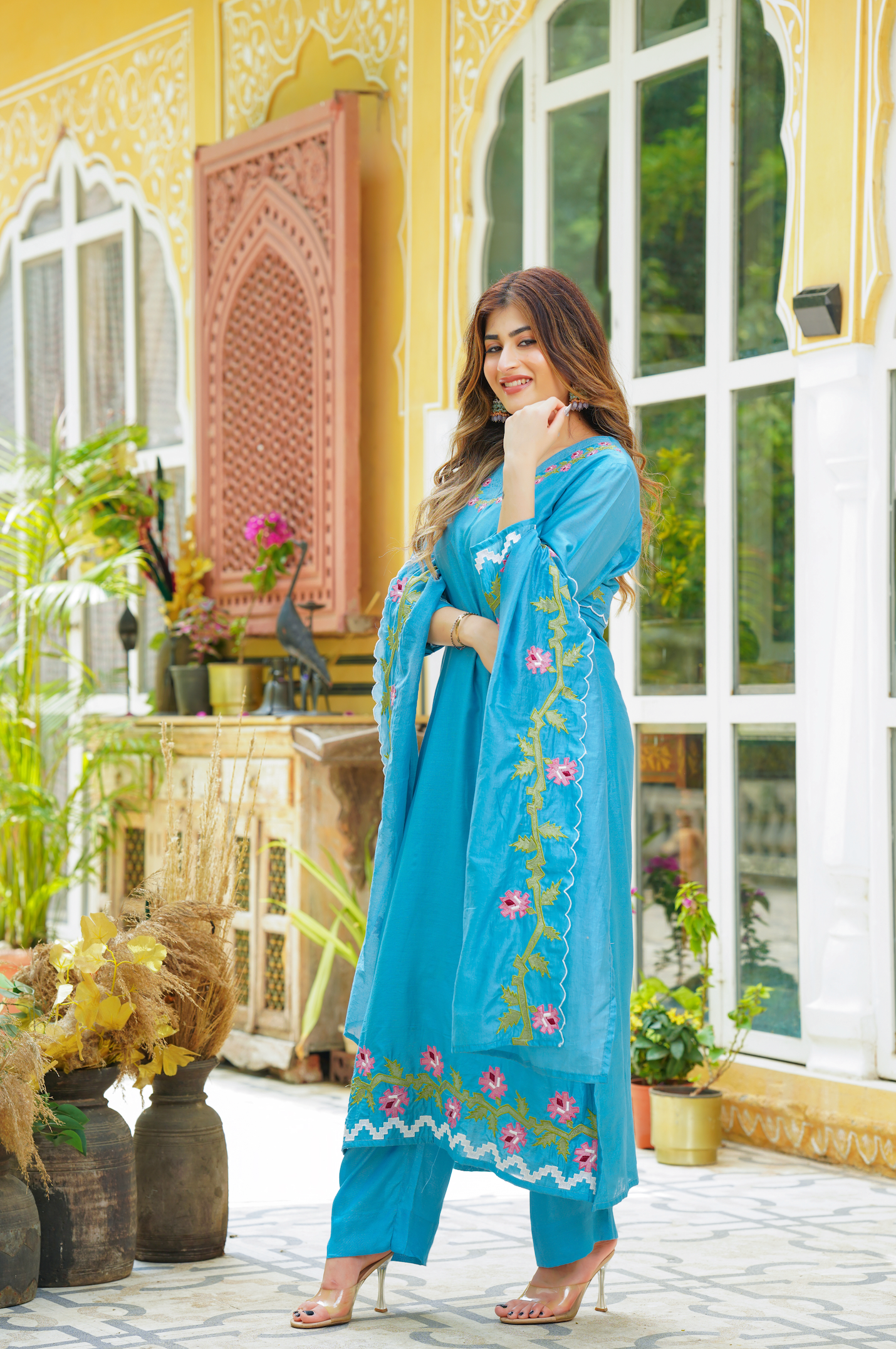 Blue Chanderi Kurti Set