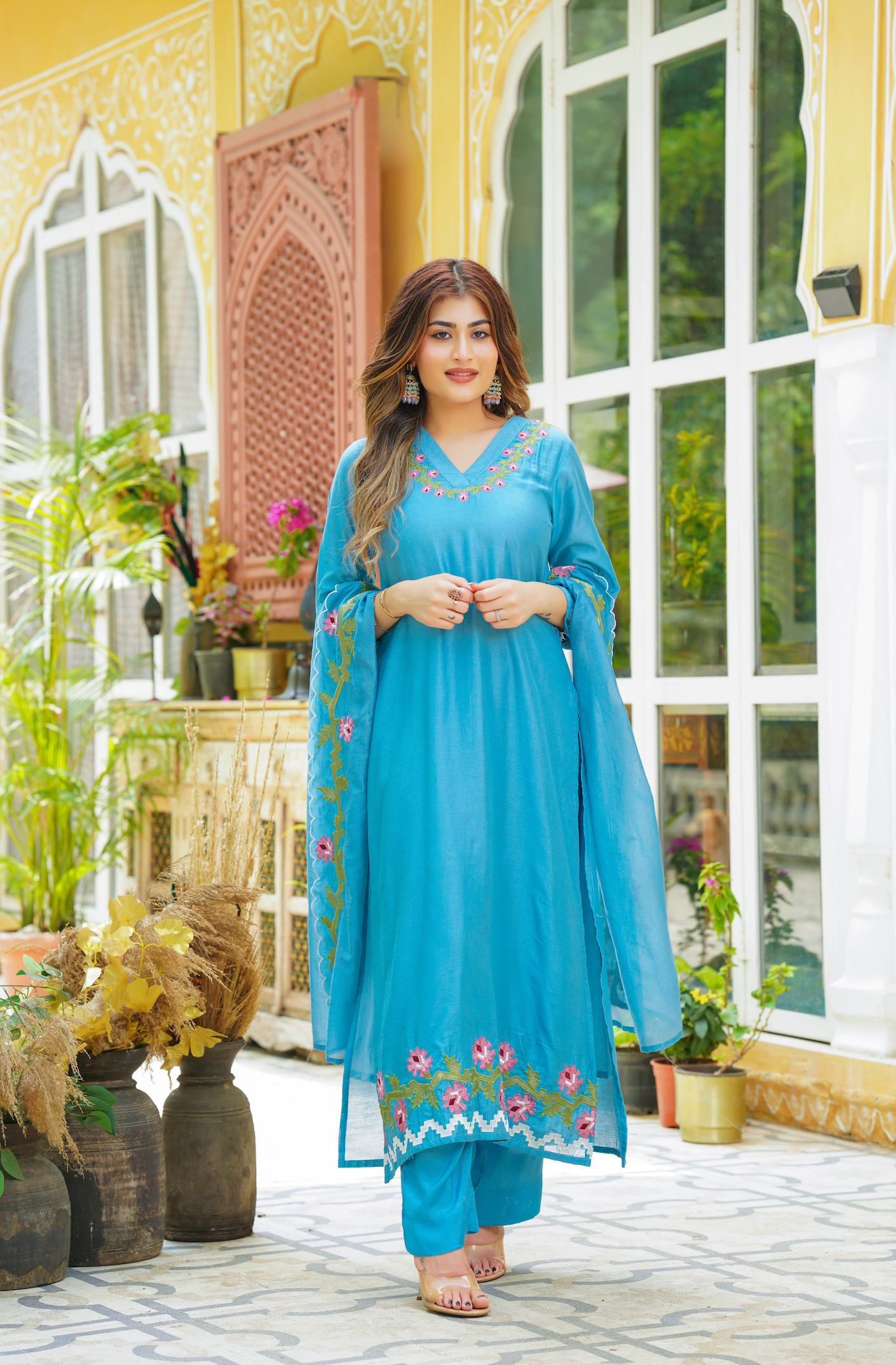 Blue Chanderi Kurti Set