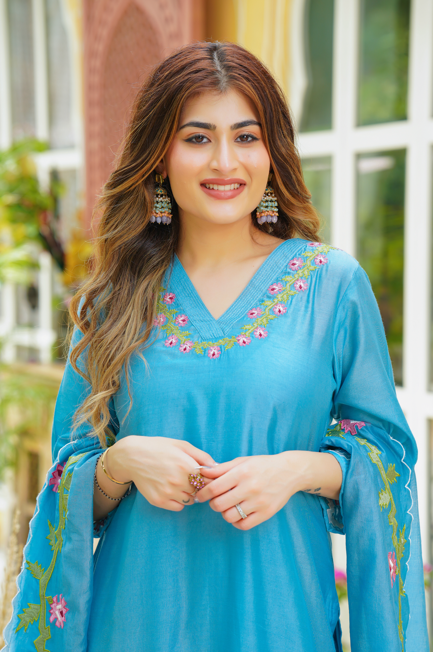 Blue Chanderi Kurti Set