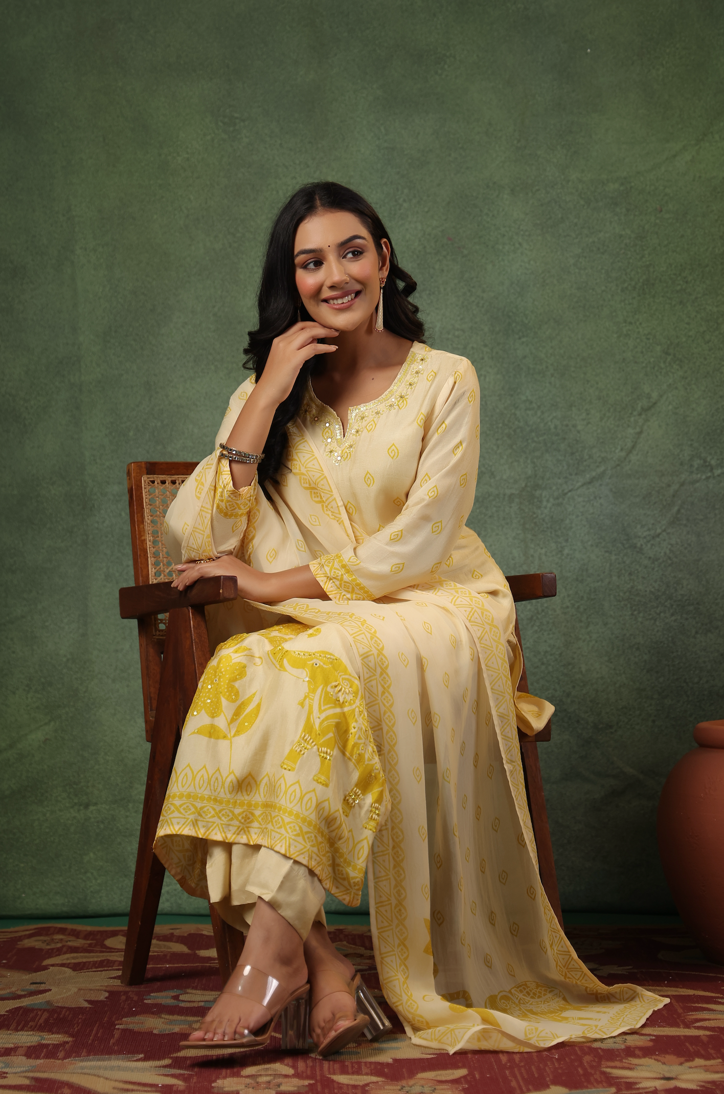 Cream Yellow Silk Suit Set