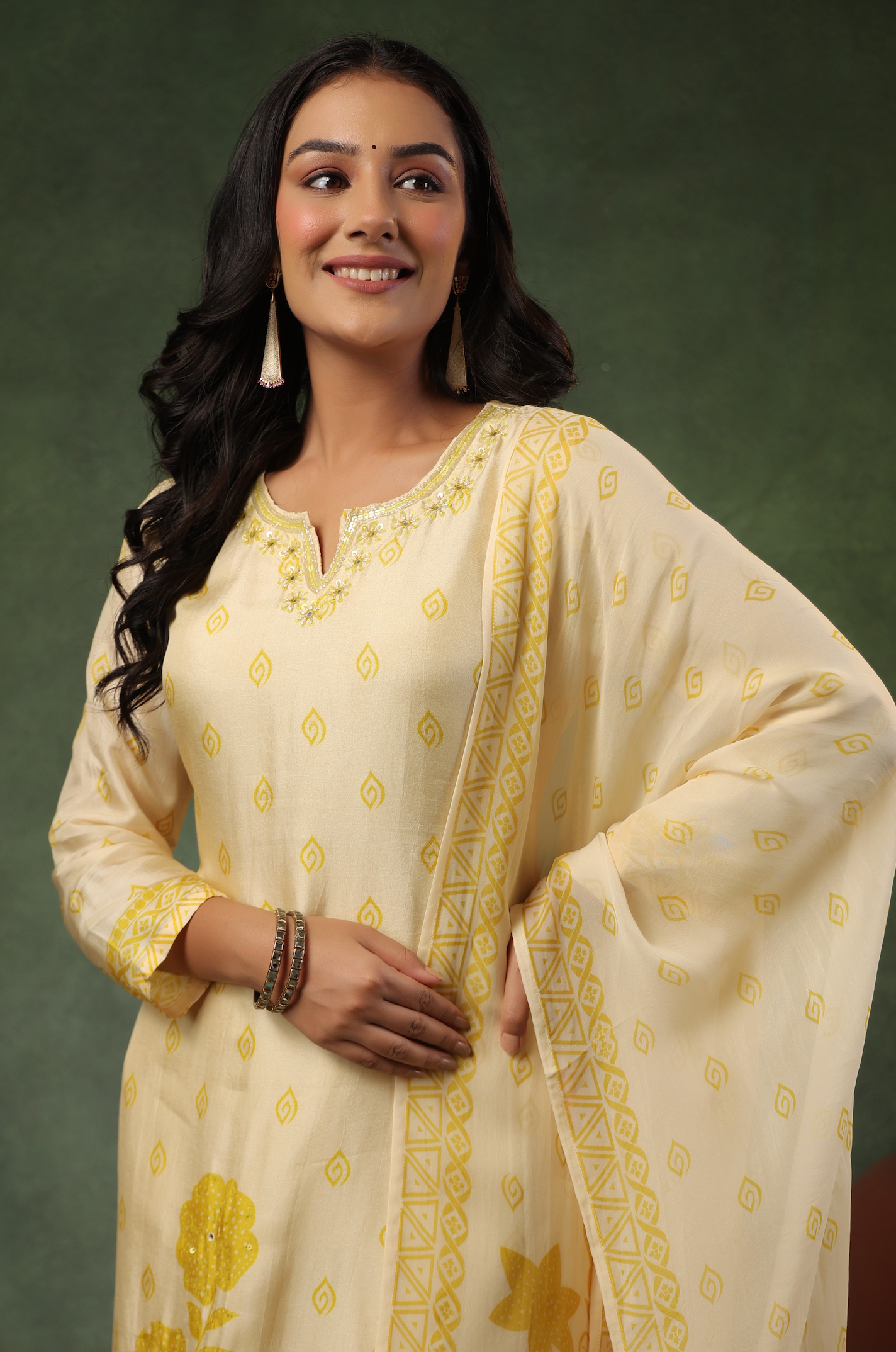 Cream Yellow Silk Suit Set