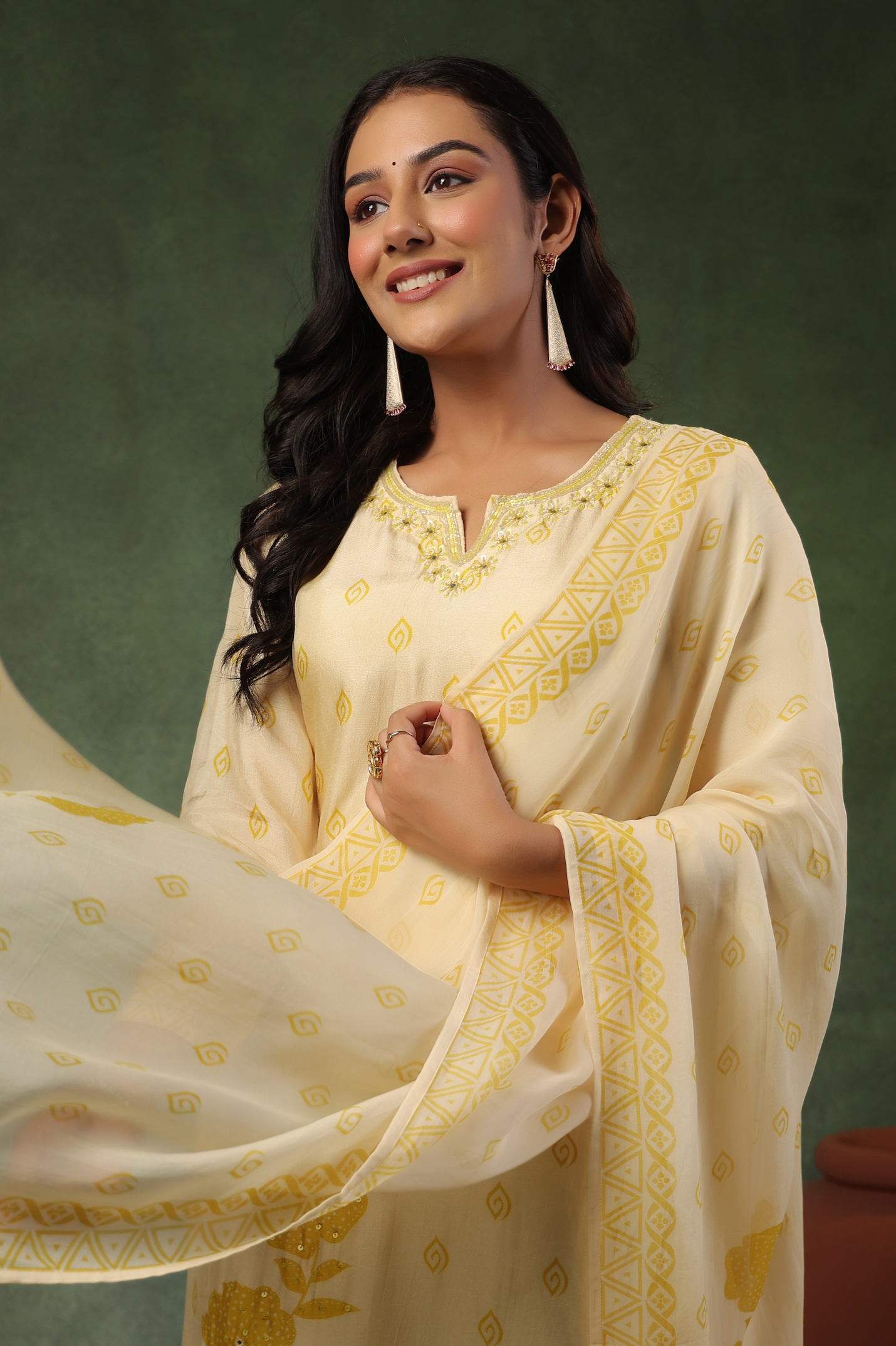 Cream Yellow Silk Suit Set