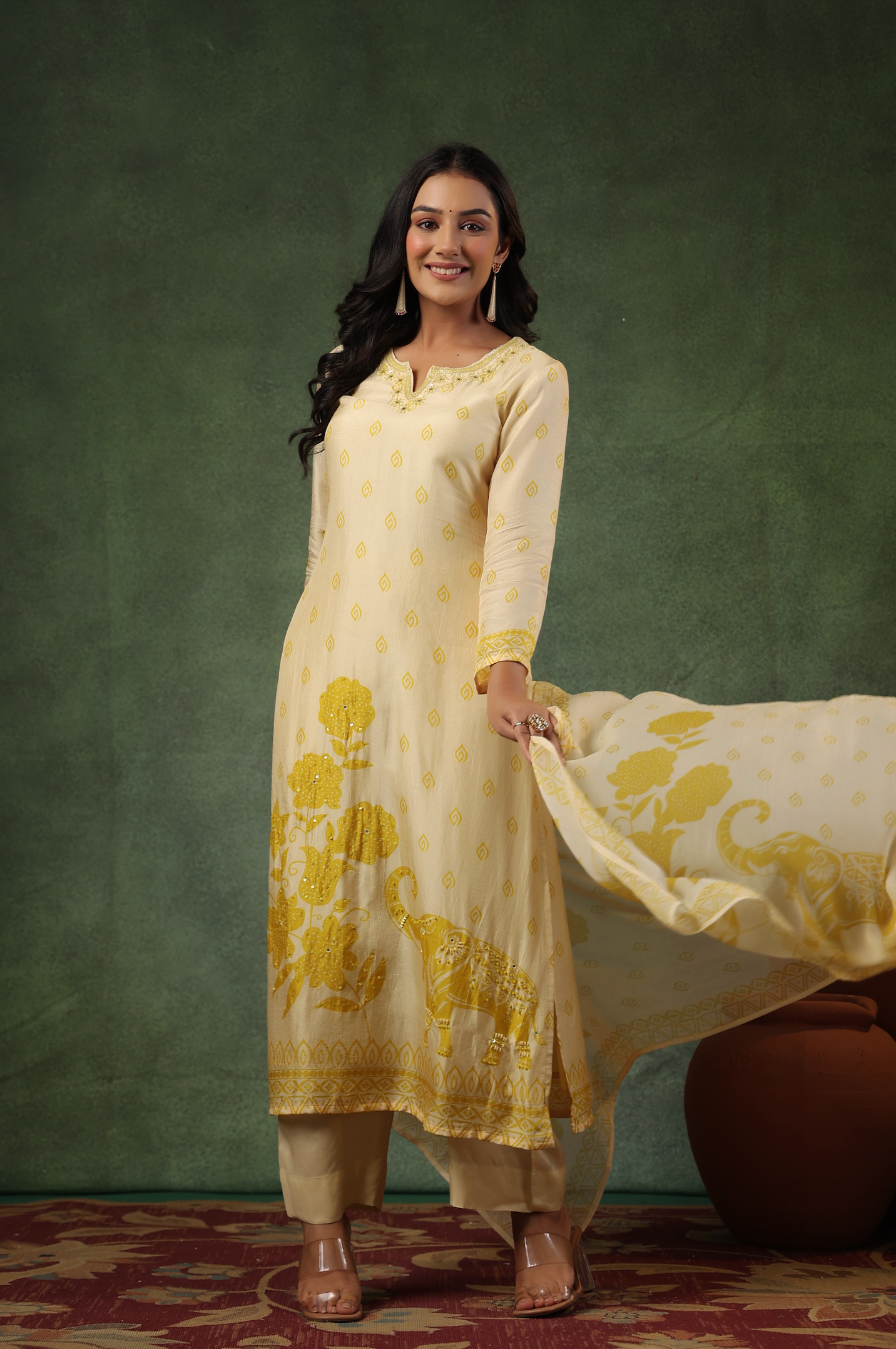 Cream Yellow Silk Suit Set