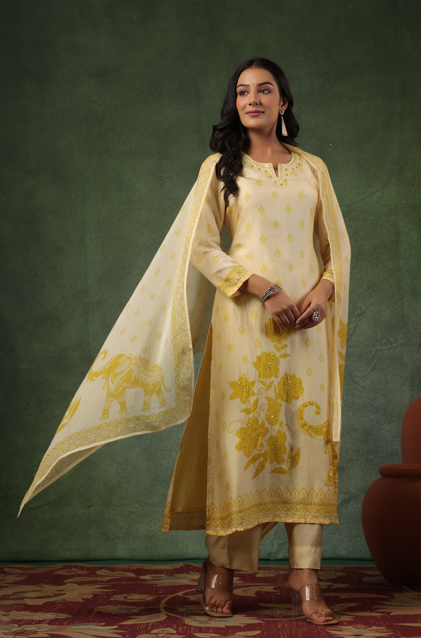 Cream Yellow Silk Suit Set