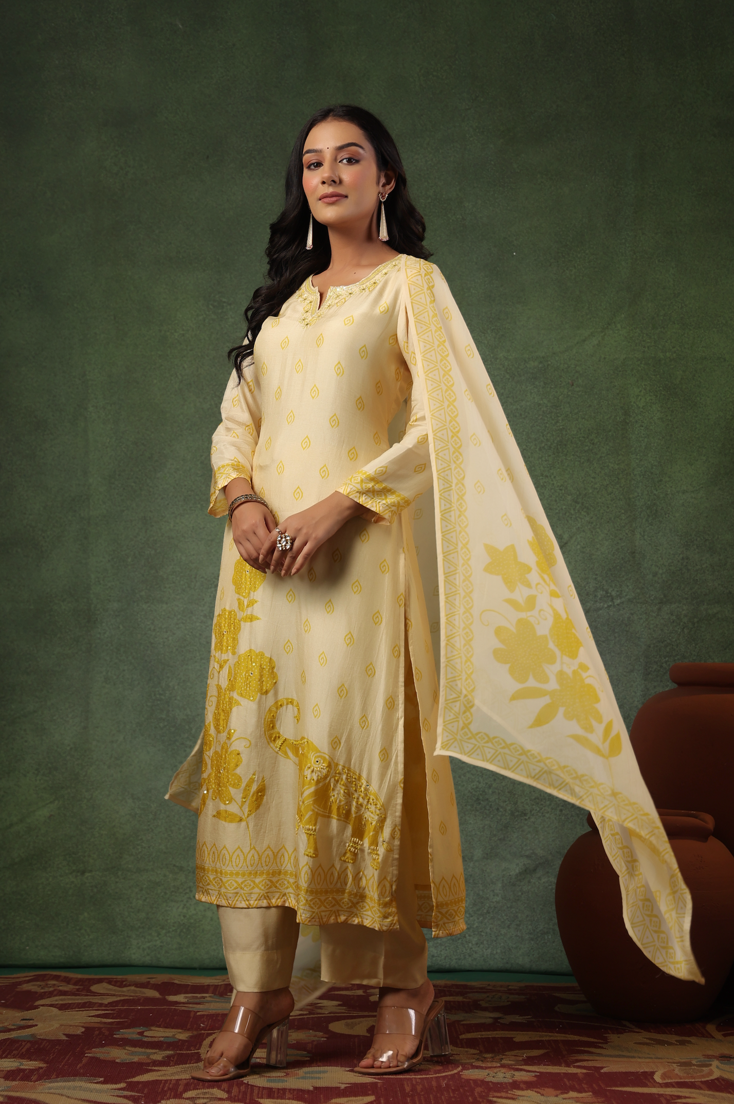 Cream Yellow Silk Suit Set