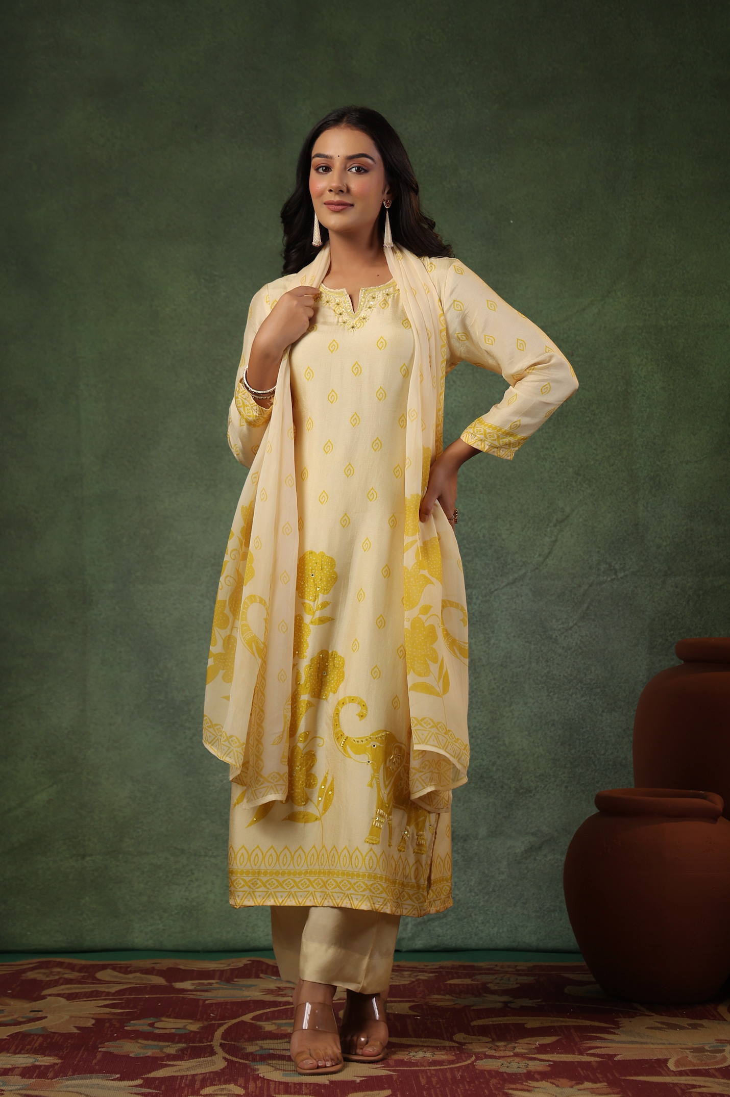 Cream Yellow Silk Suit Set