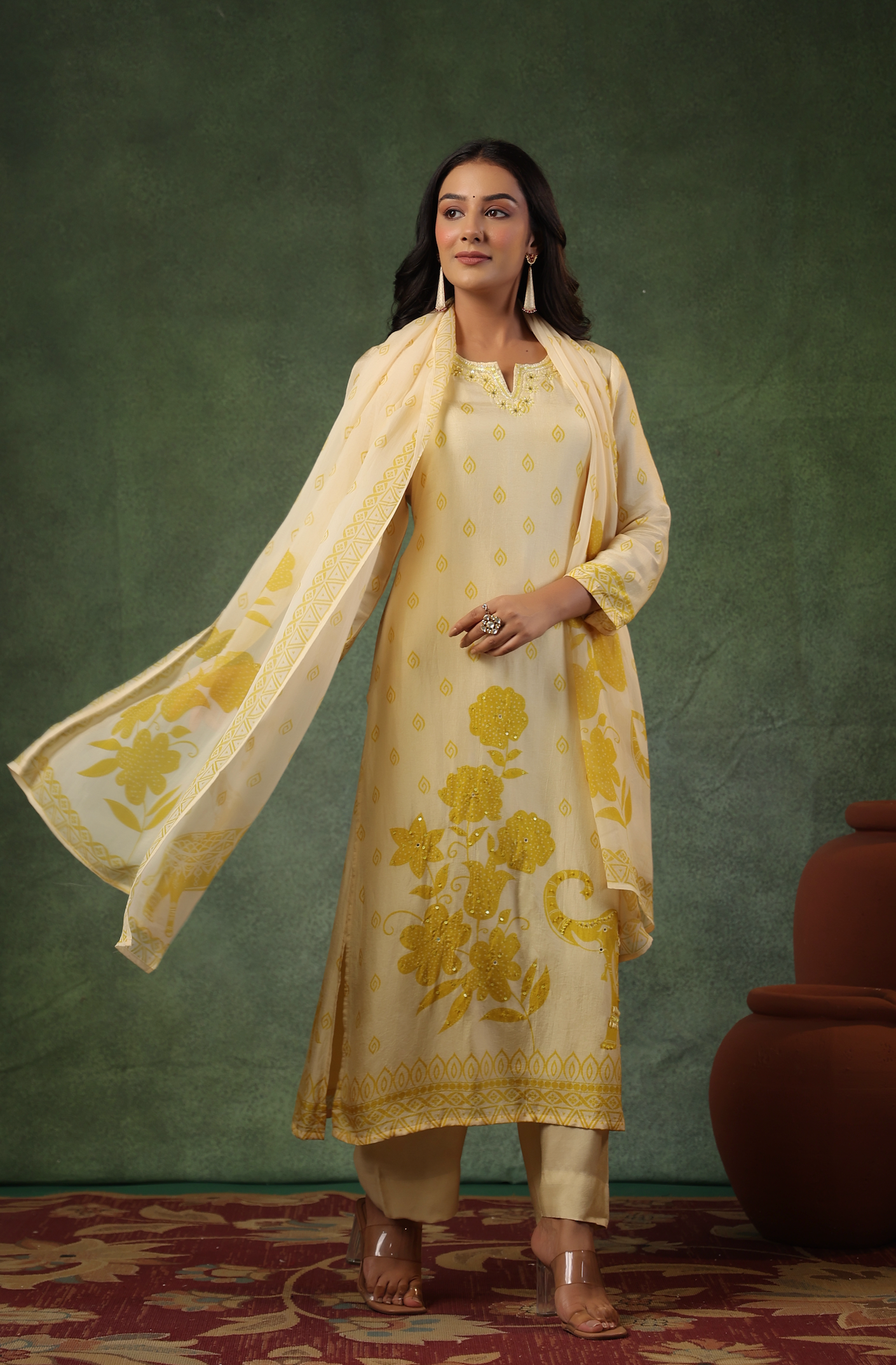 Cream Yellow Silk Suit Set