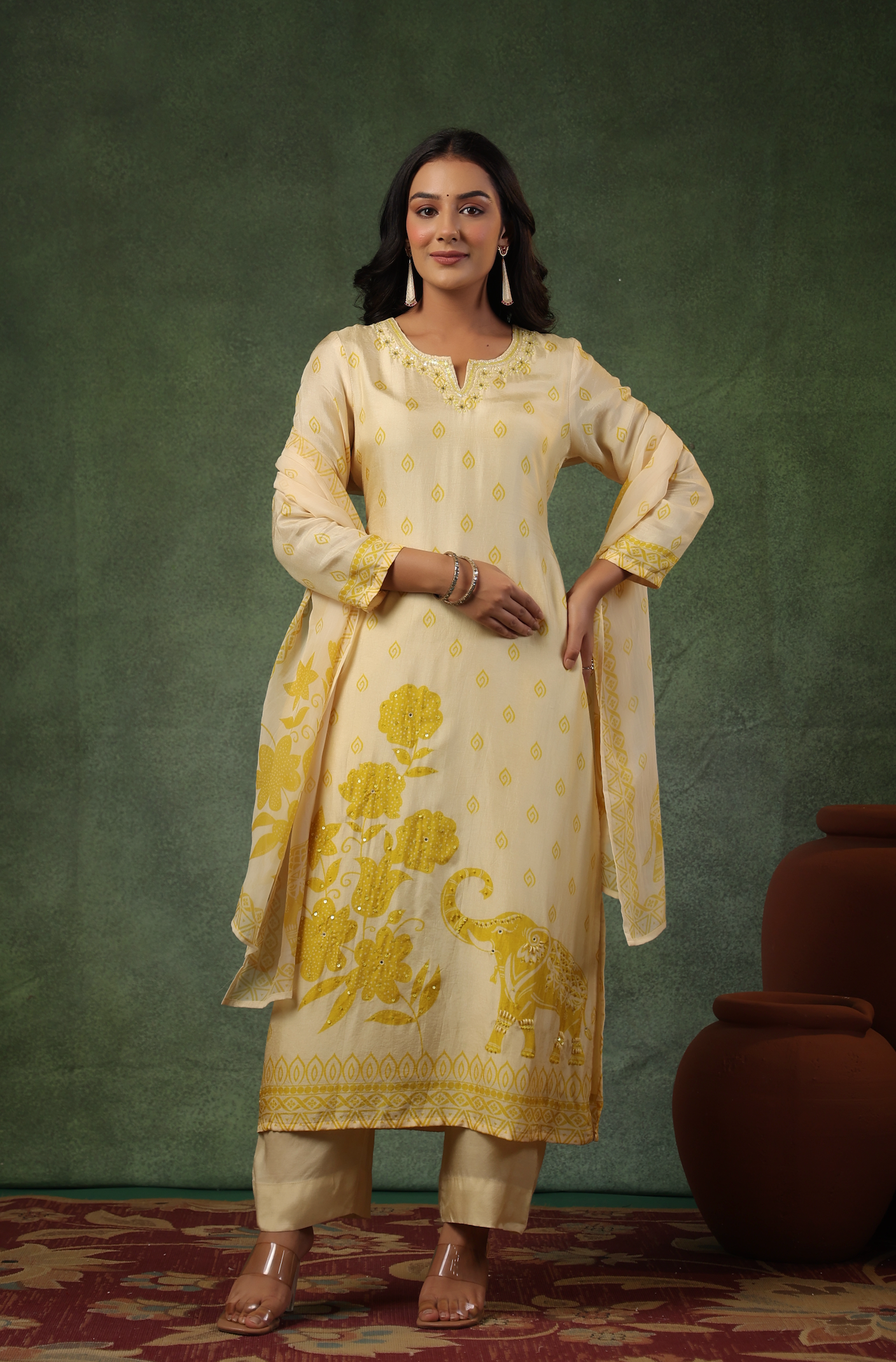 Cream Yellow Silk Suit Set