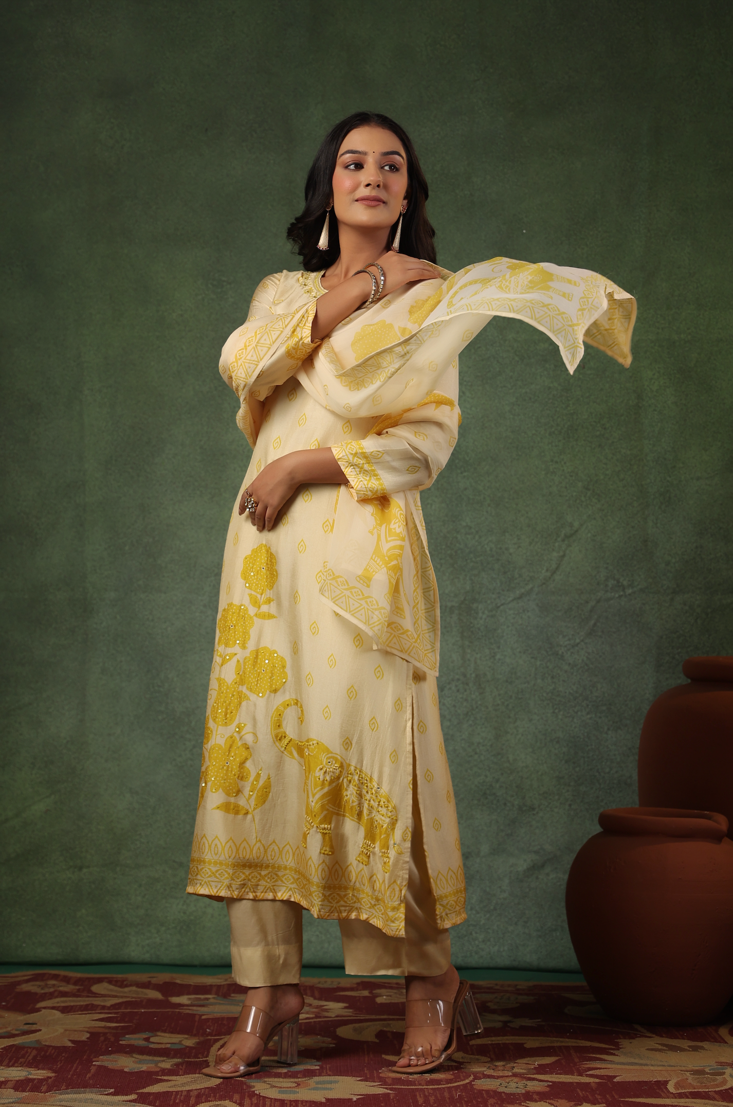 Cream Yellow Silk Suit Set