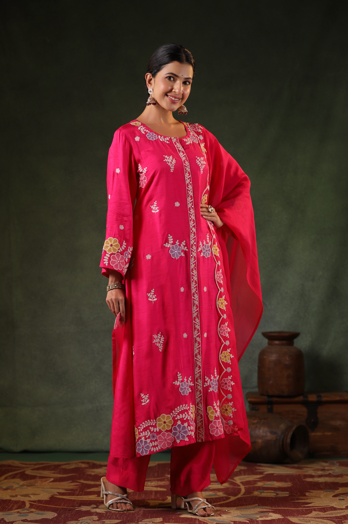 Cerise Pink Silk Kurti Set