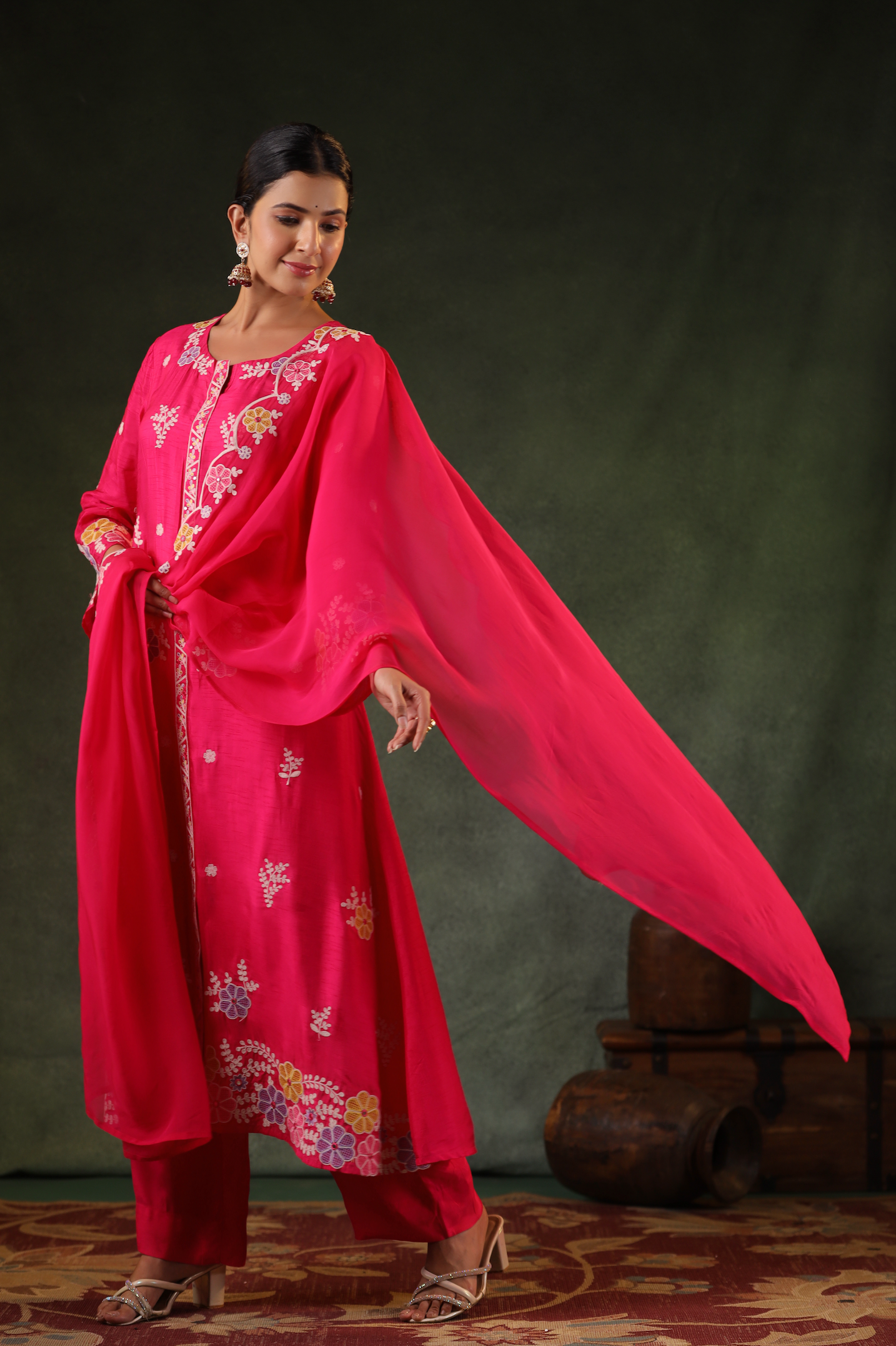 Cerise Pink Silk Kurti Set