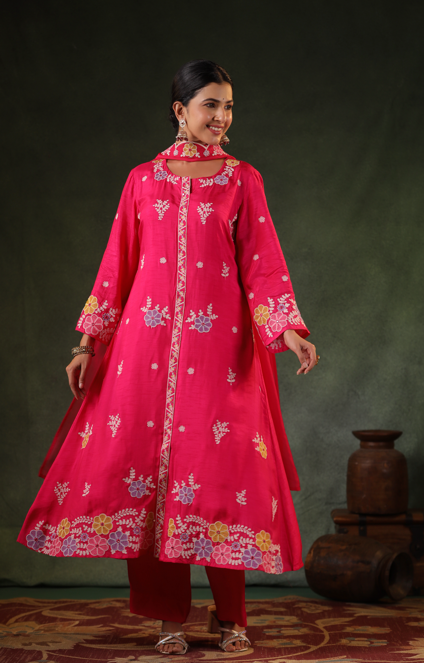 Cerise Pink Silk Kurti Set