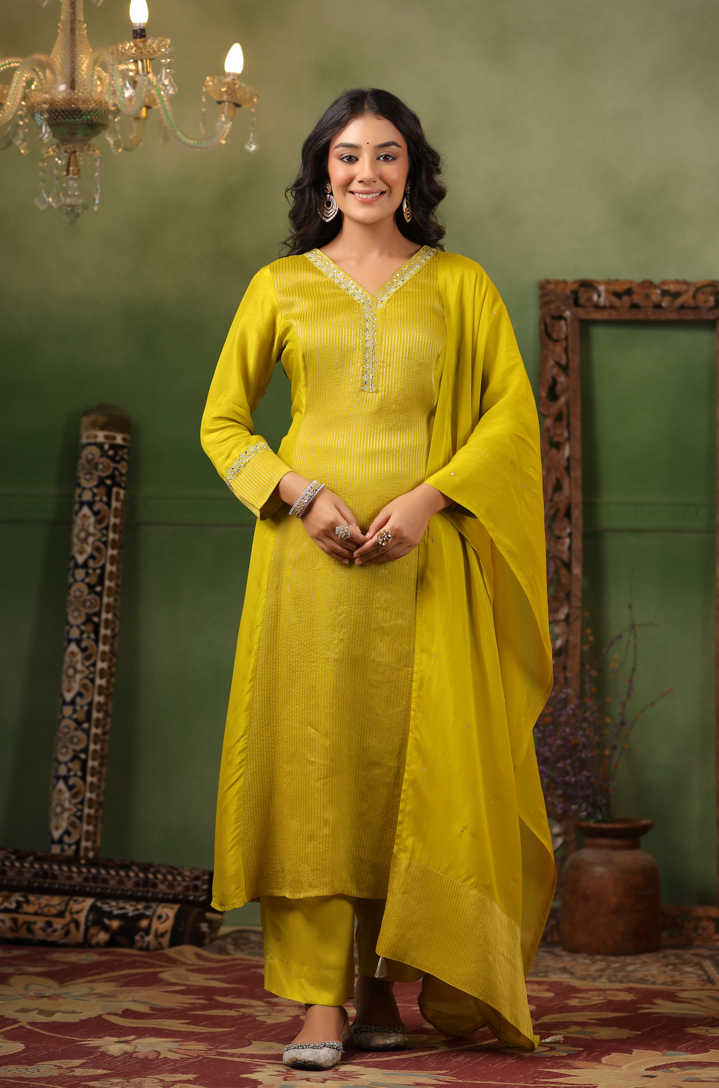 Luxury yellow Silk suit set