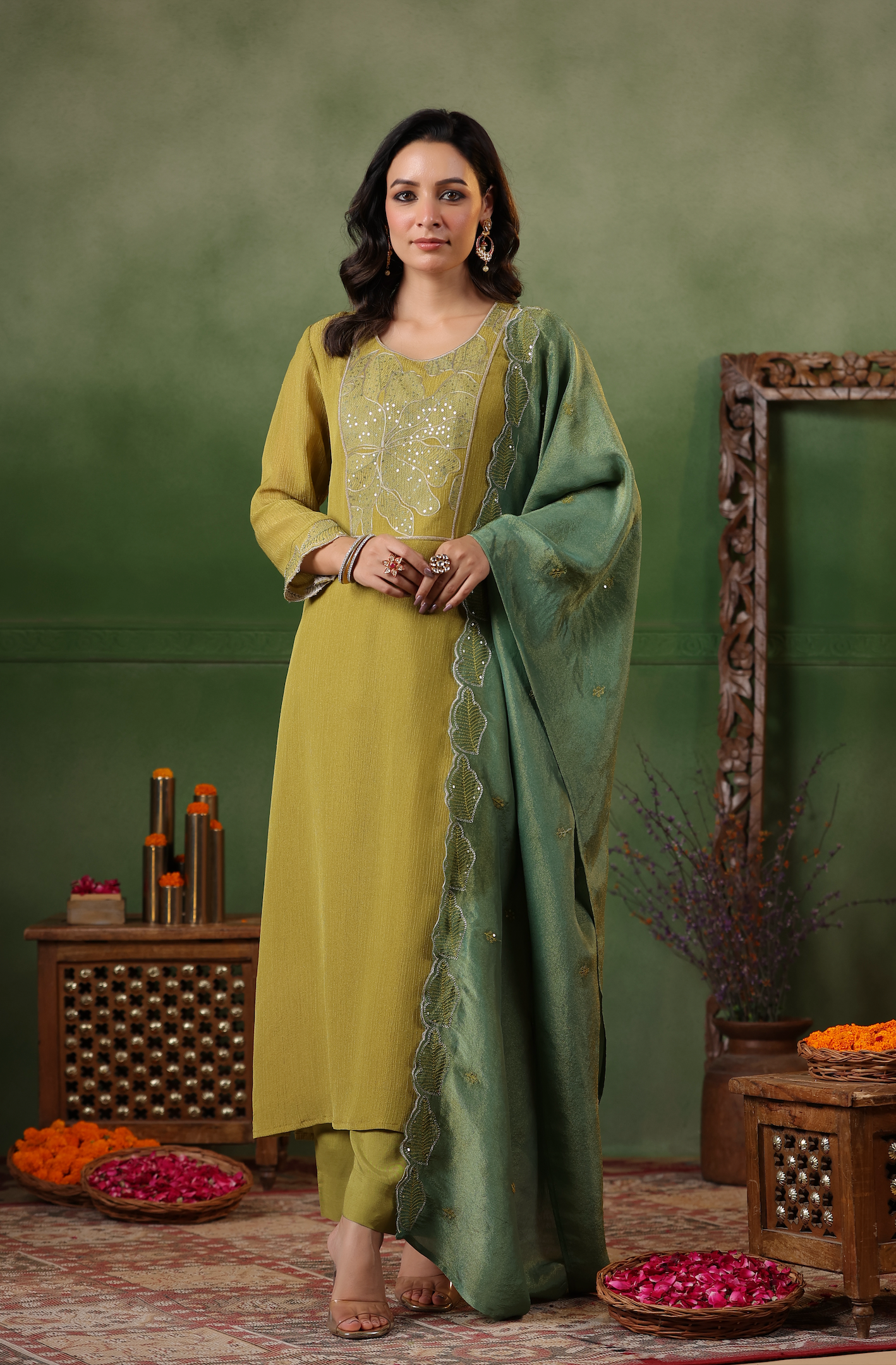 Olive Green Shimmer Suit Set