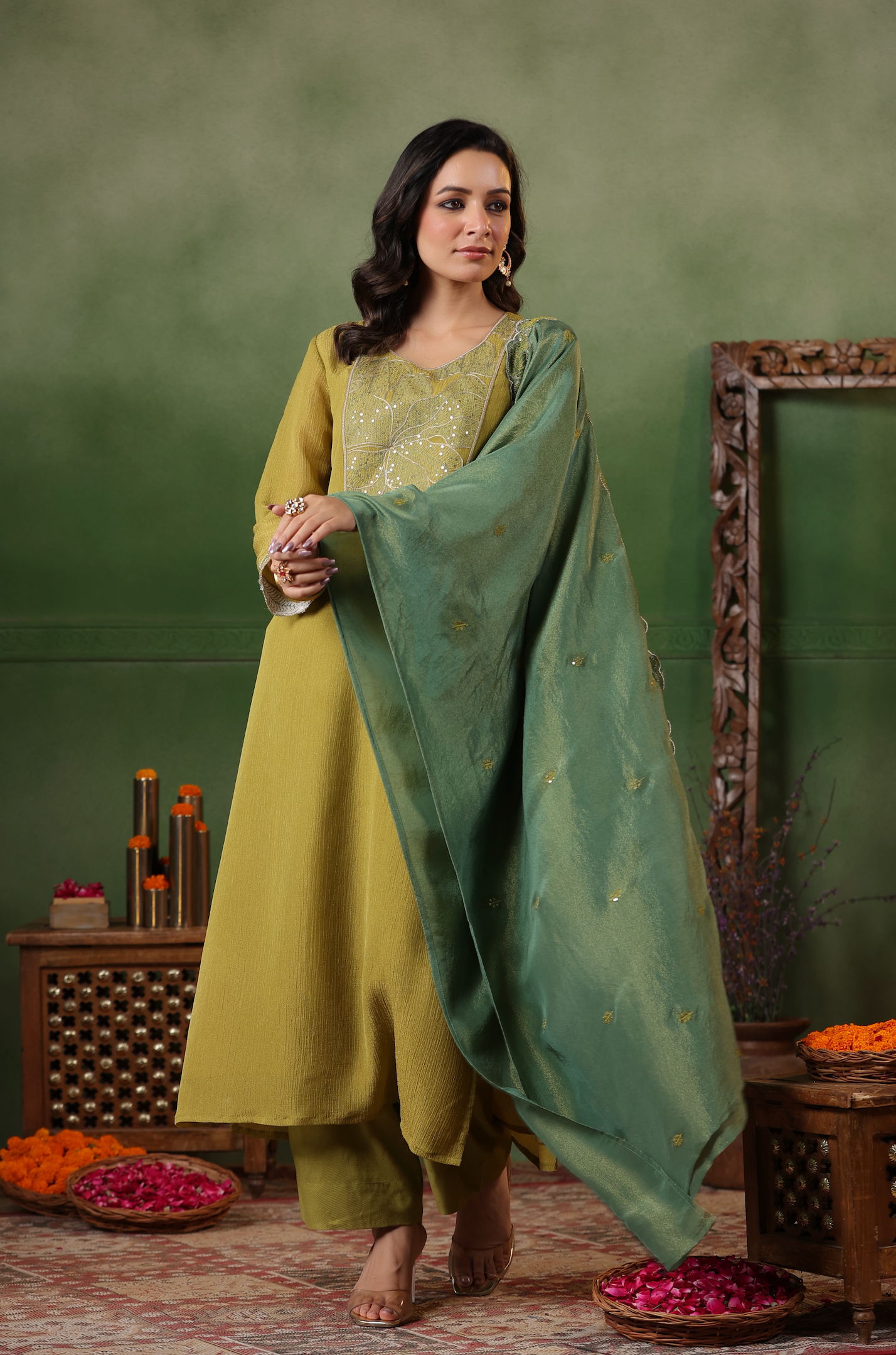 Olive Green Shimmer Suit Set