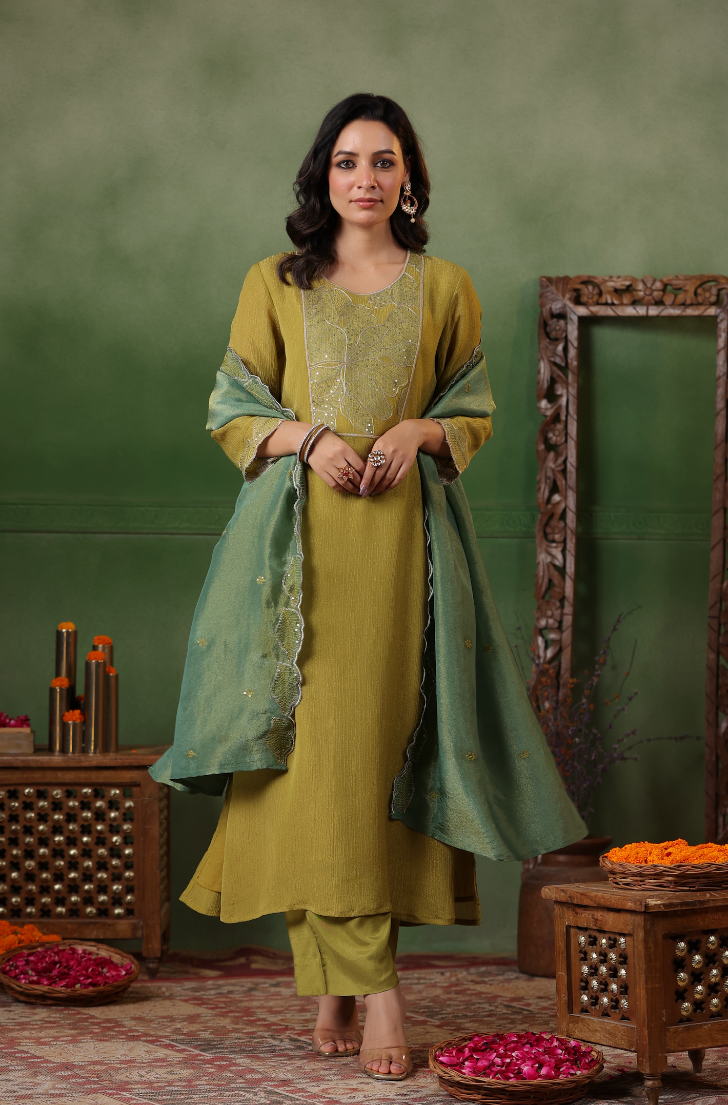 Olive Green Shimmer Suit Set